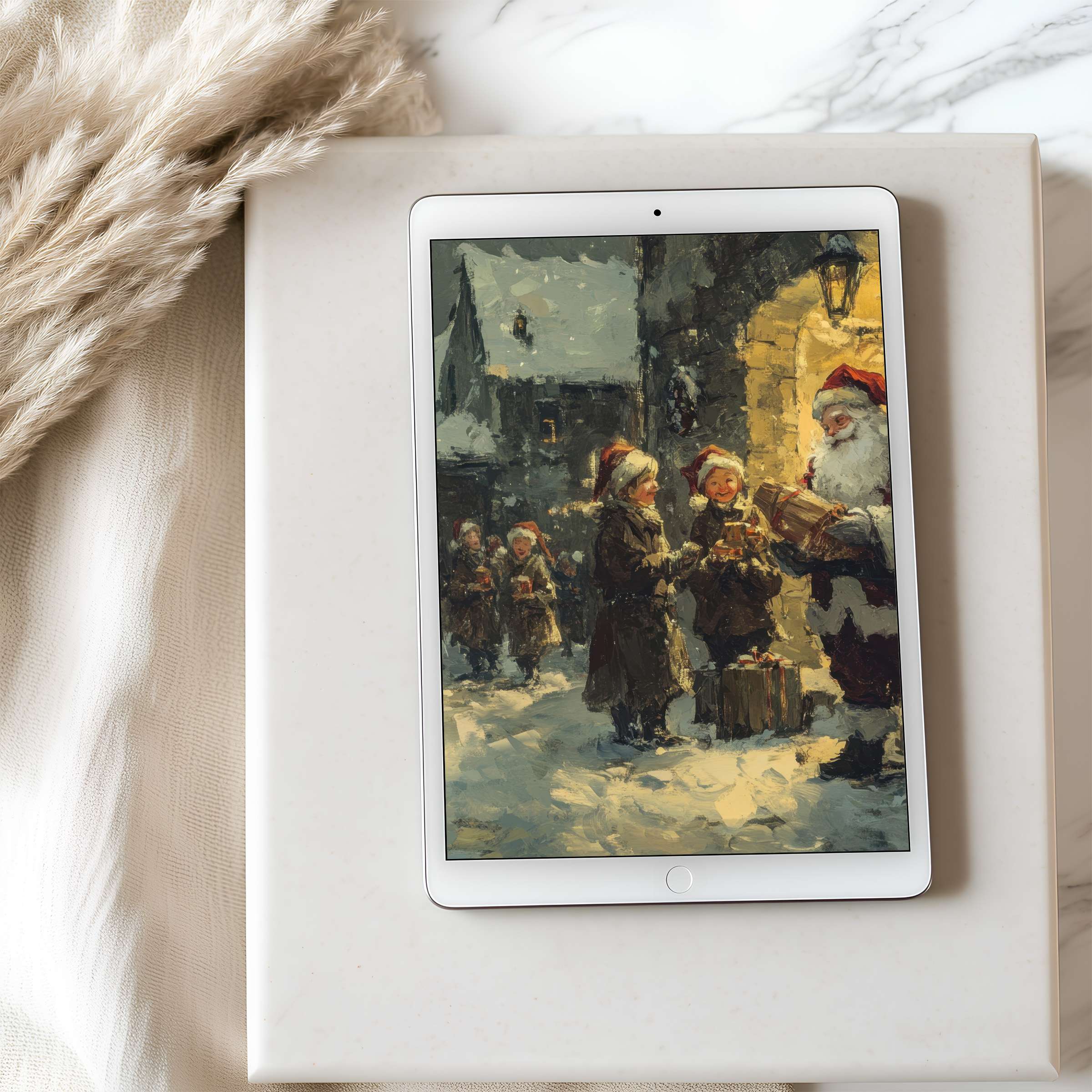 Vintage-inspired tablet wallpaper depicting a cozy winter scene with Santa and children, perfect for high-resolution iPad displays