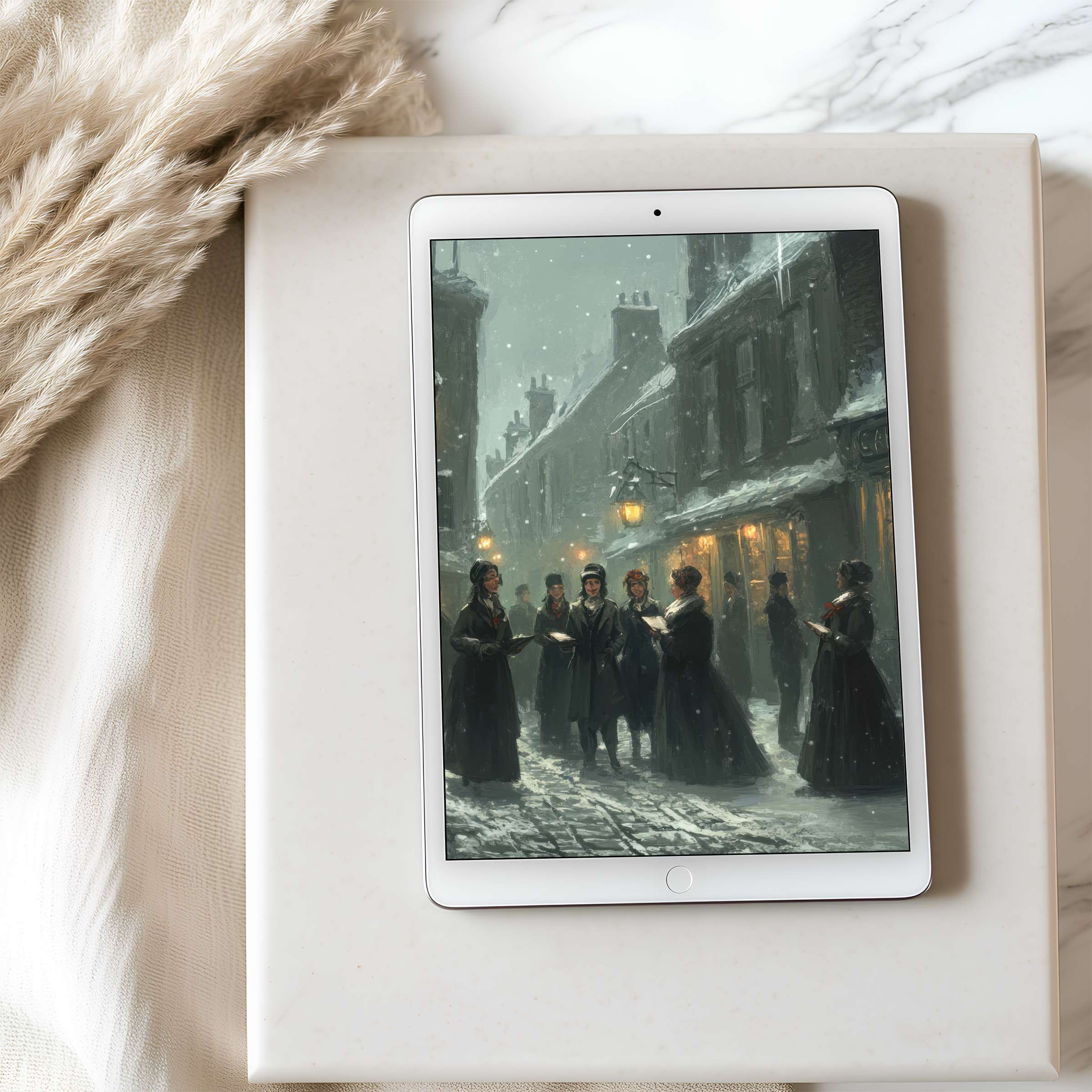 Elegant high-resolution tablet wallpaper showcasing a vintage street scene on a cozy marble and linen backdrop, perfect for iPad download