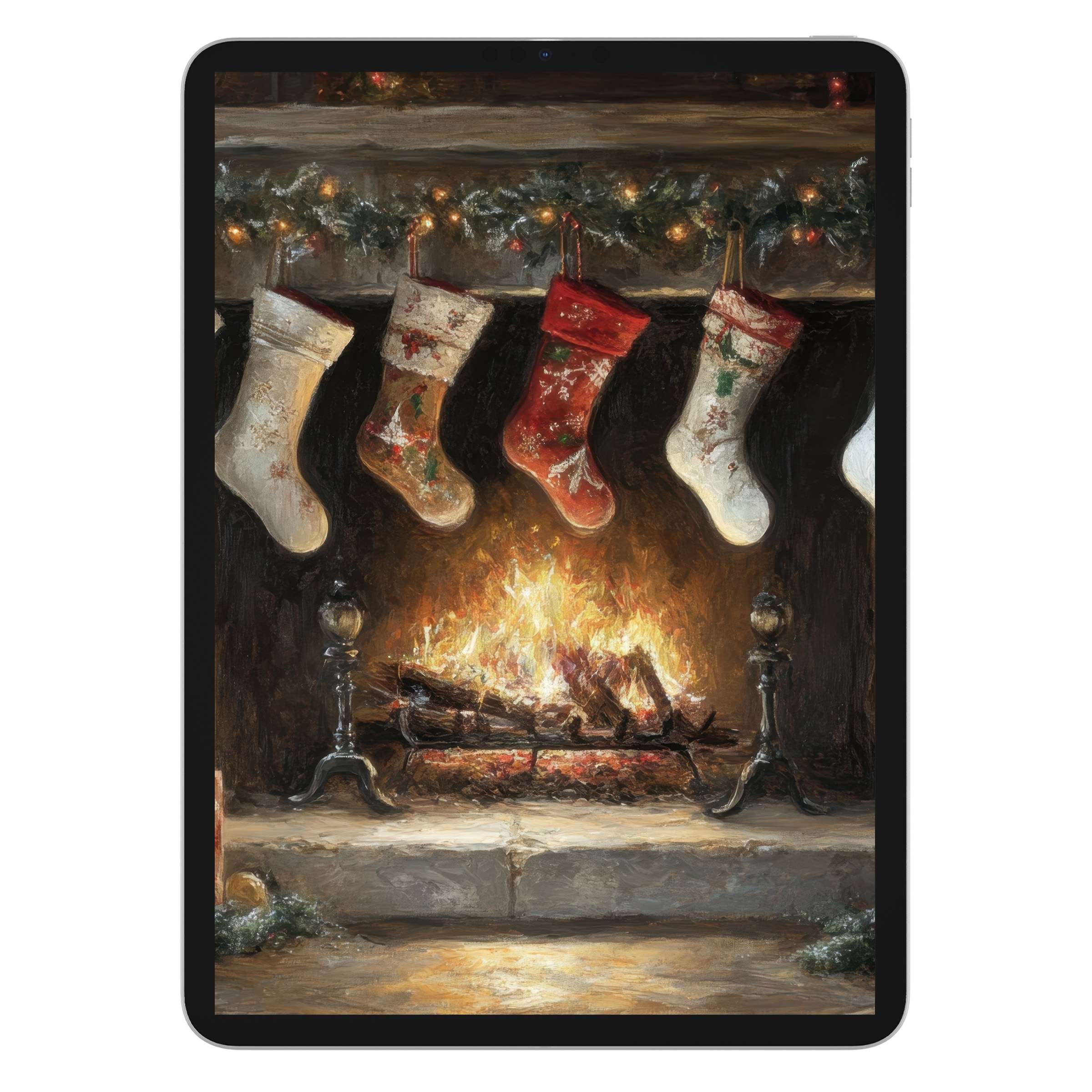 Cozy digital download of Christmas iPad wallpaper featuring a warm fireplace with stockings, ideal background for any tablet user