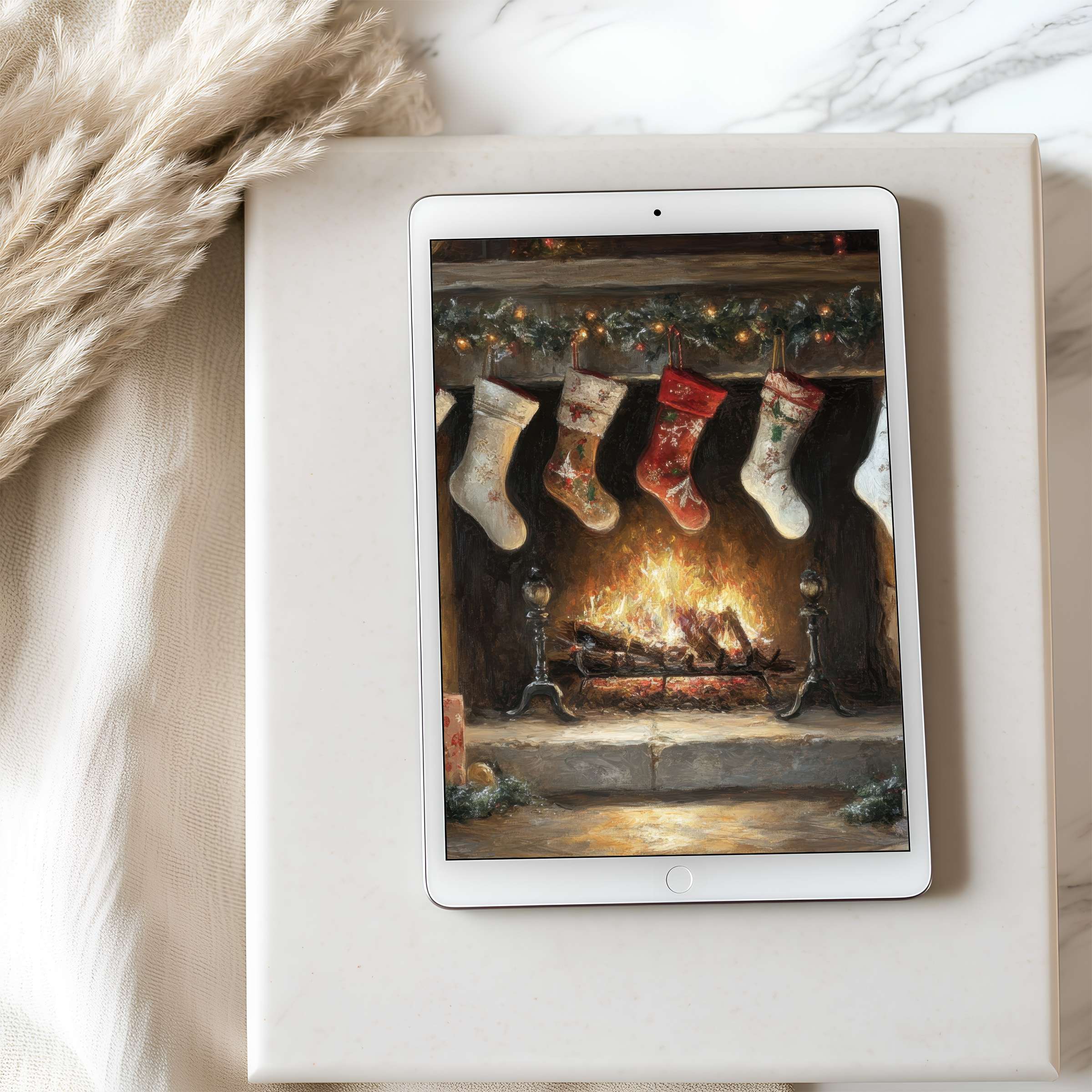 Elegant tablet wallpaper depicting a cozy fireplace with stockings in warm hues, perfect for enhancing your iPad's high resolution display