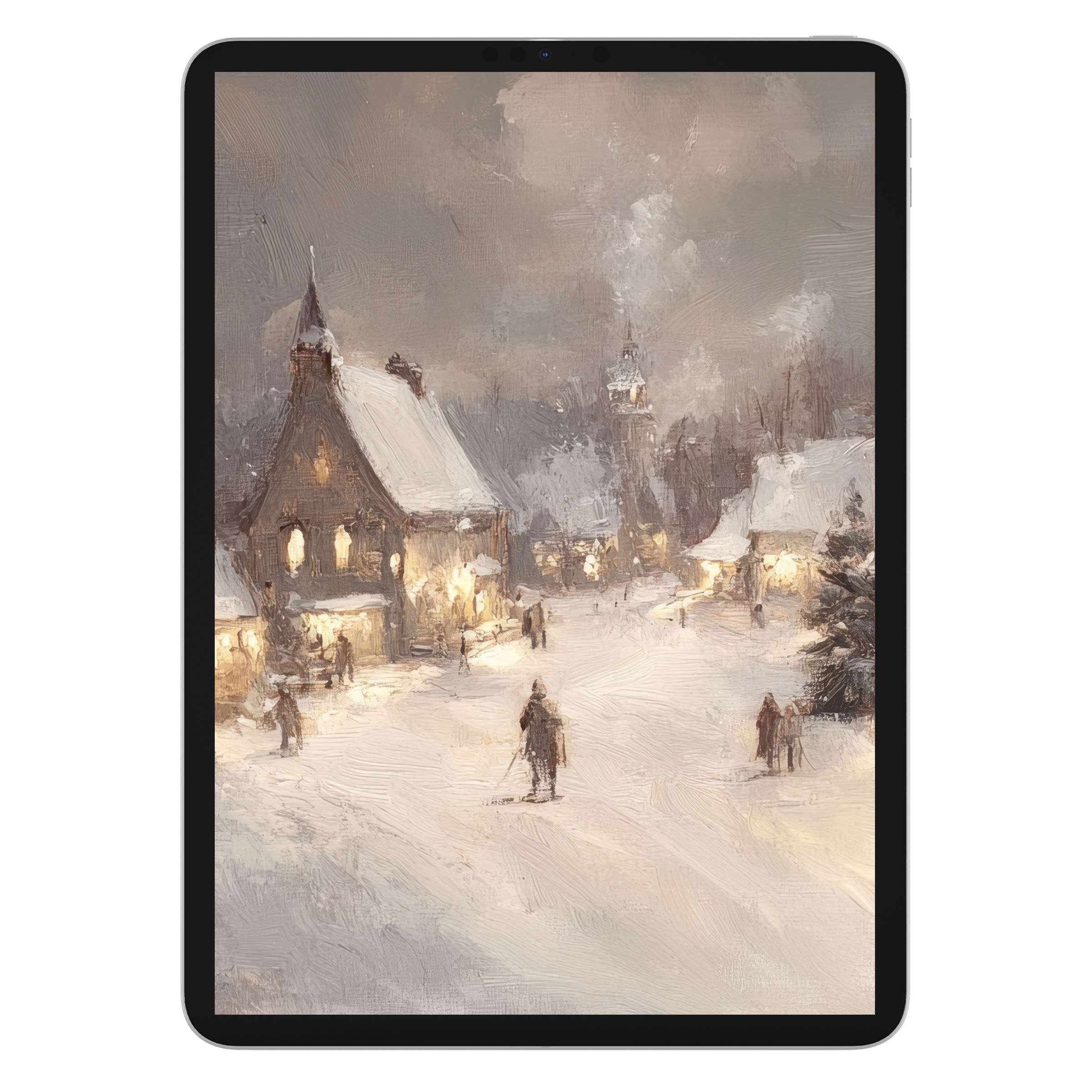 Elegant christmas iPad wallpaper features a serene winter village painted in soft hues, perfect digital download for tablet background