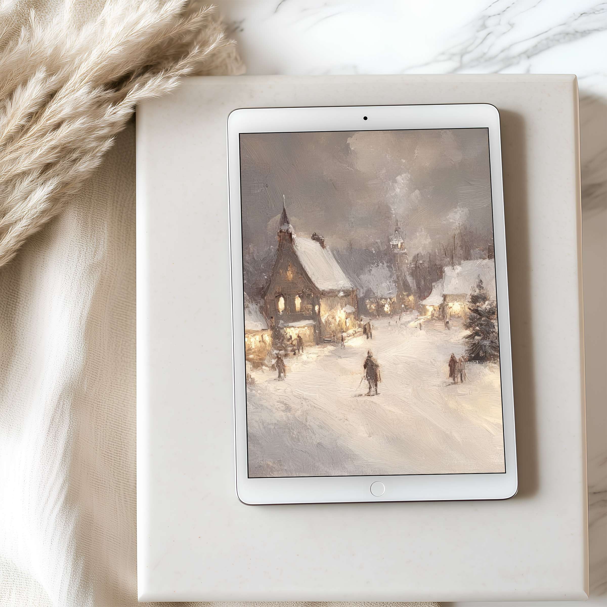 Elegant snowy village scene as a high resolution tablet wallpaper, perfect for iPad digital download, evokes serenity and warmth