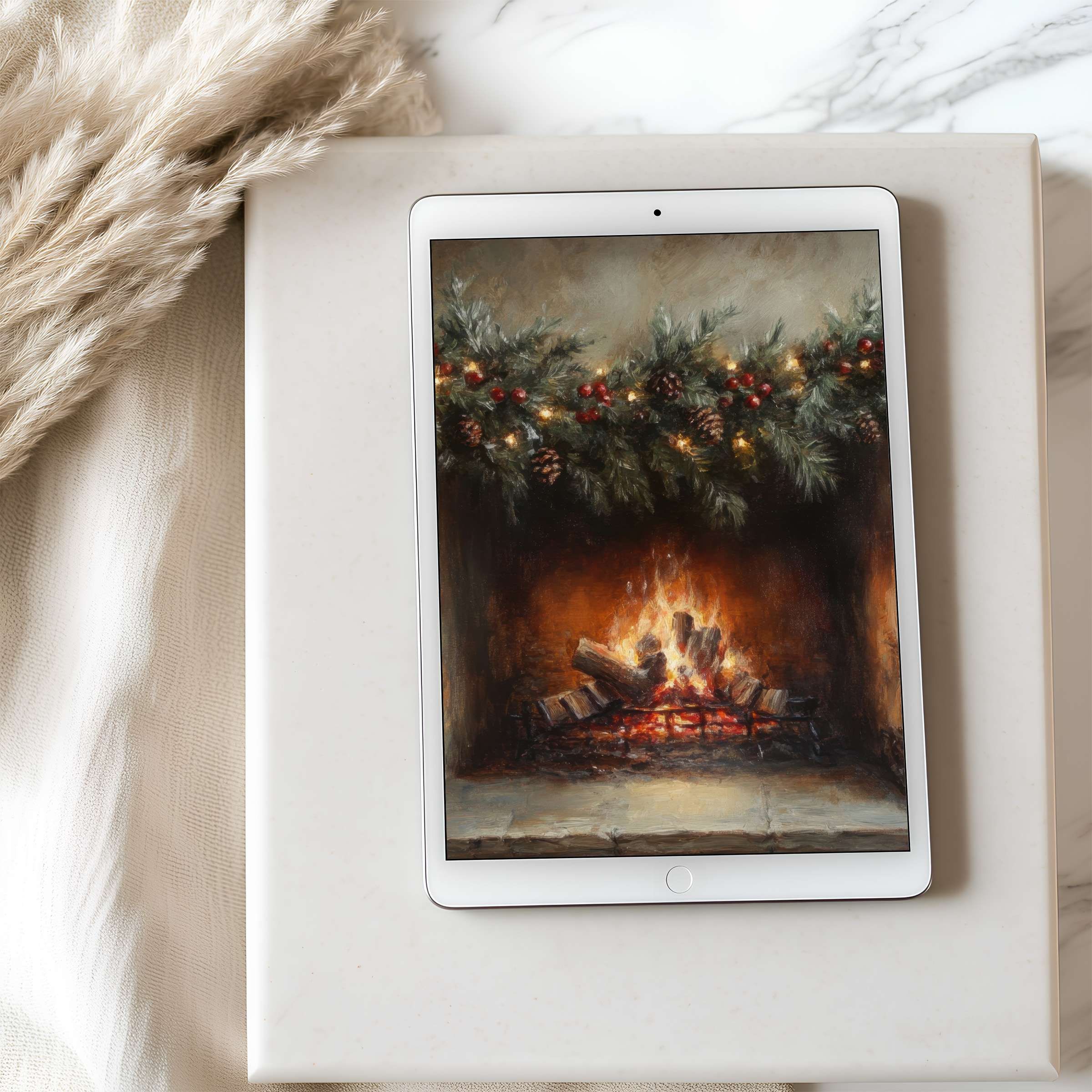 Cozy fireplace tablet wallpaper with lush pine garland evokes warmth and tranquility, ideal for high resolution iPad digital download