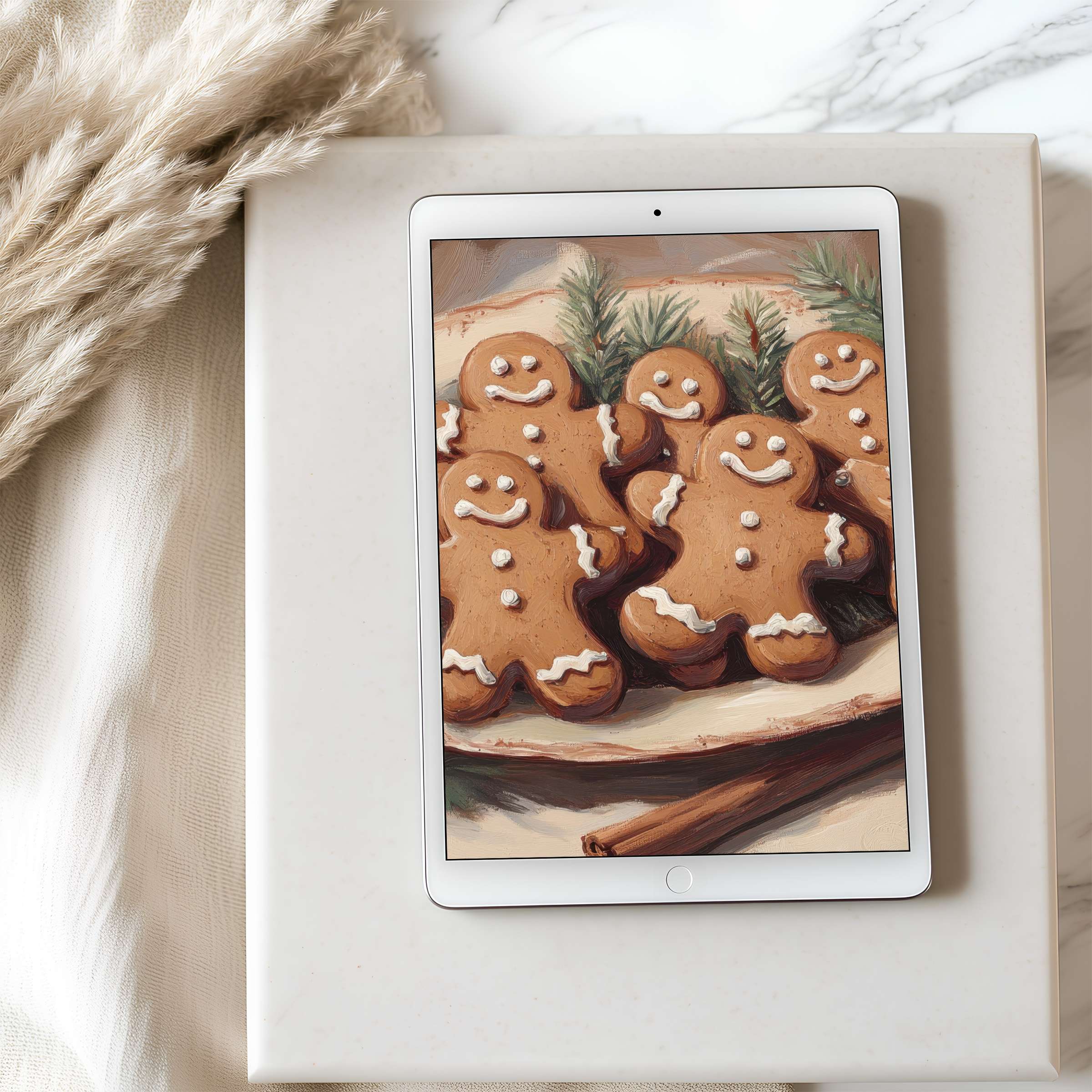 Gingerbread-themed tablet wallpaper offers a cozy, festive aesthetic in high resolution, perfect for iPad or Android download and enjoyment