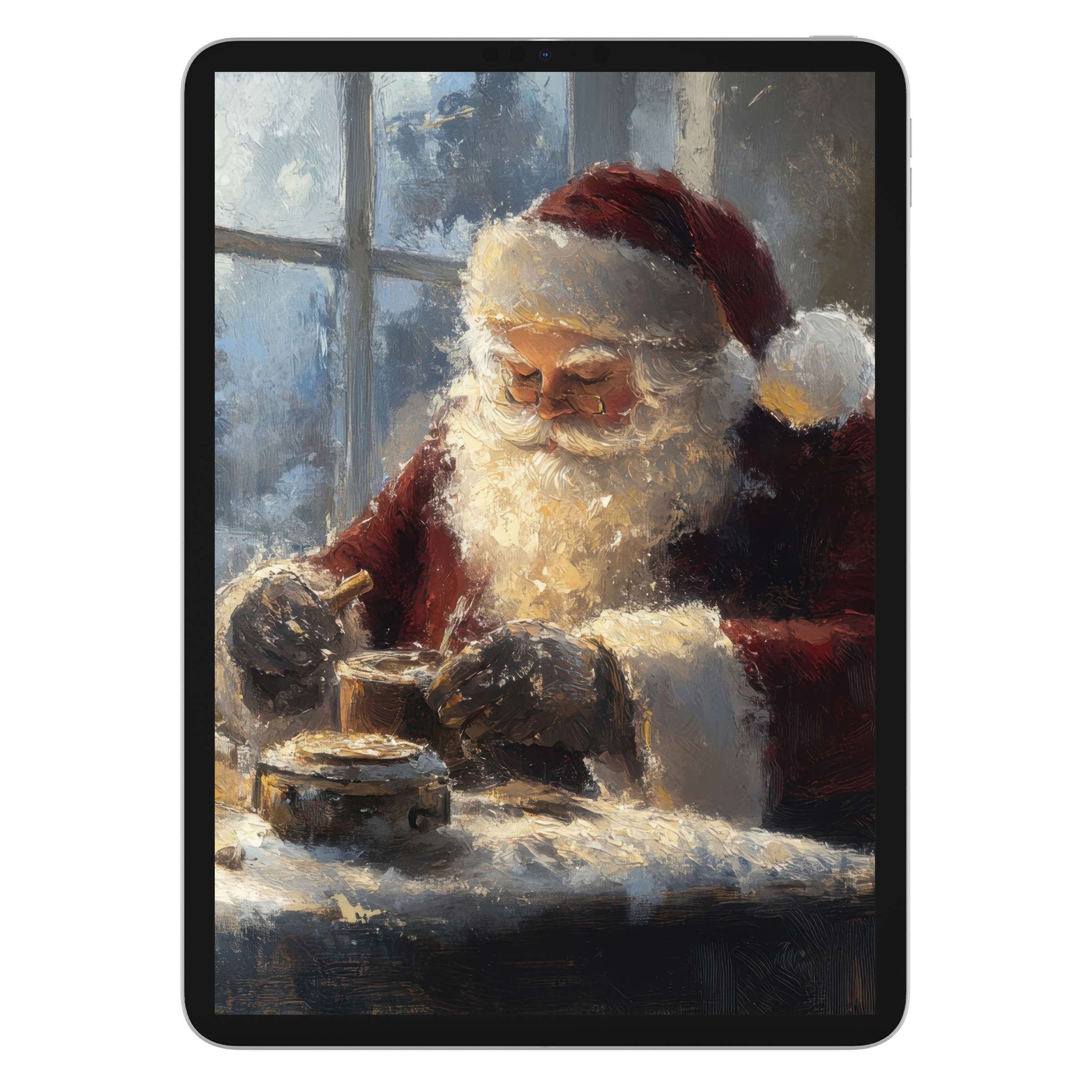 Cozy oil painting Christmas iPad wallpaper featuring Santa by a snowy window perfect as a digital download background for tablets