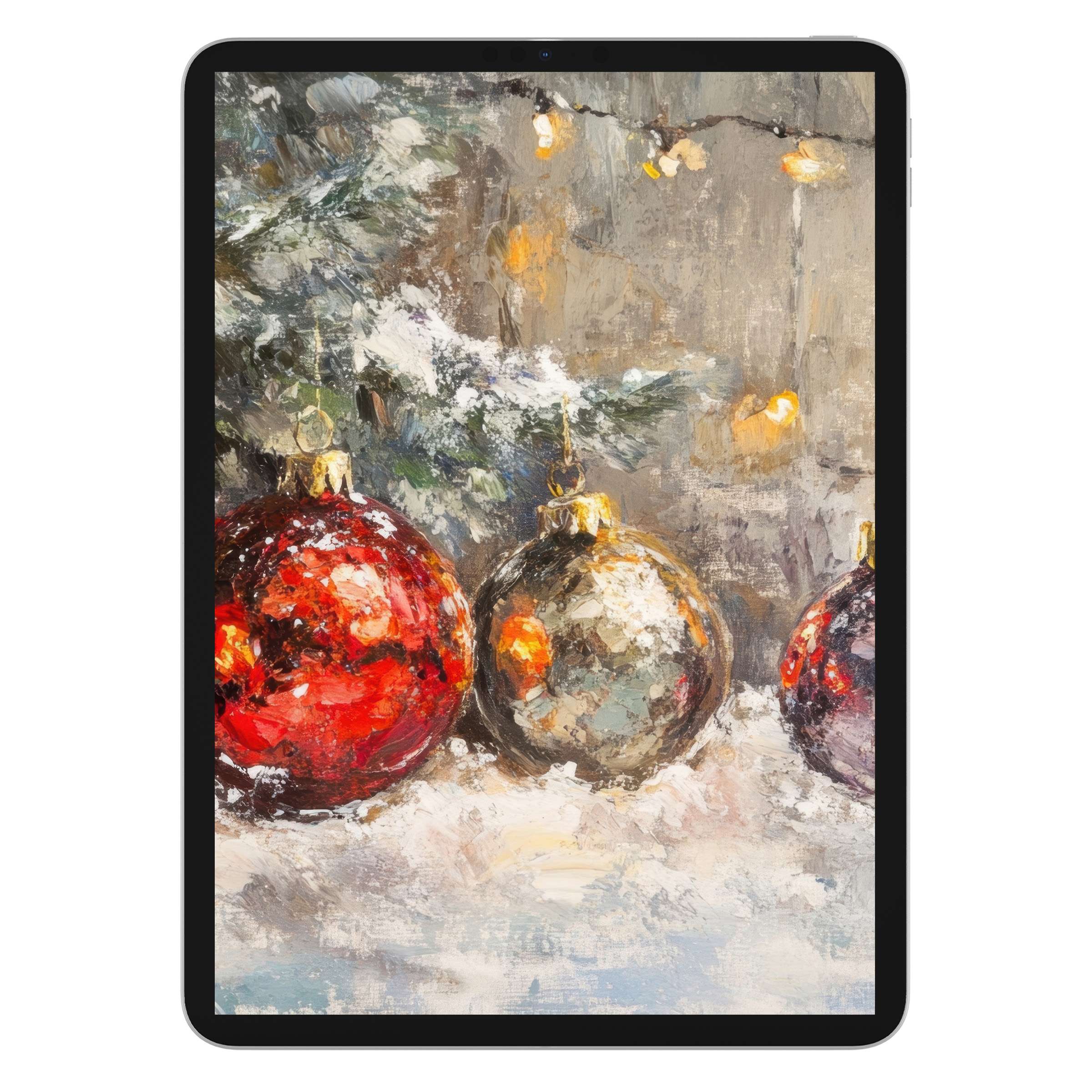Christmas iPad wallpaper featuring elegant ornaments with a snowy touch, a perfect artistic background for tablet digital download