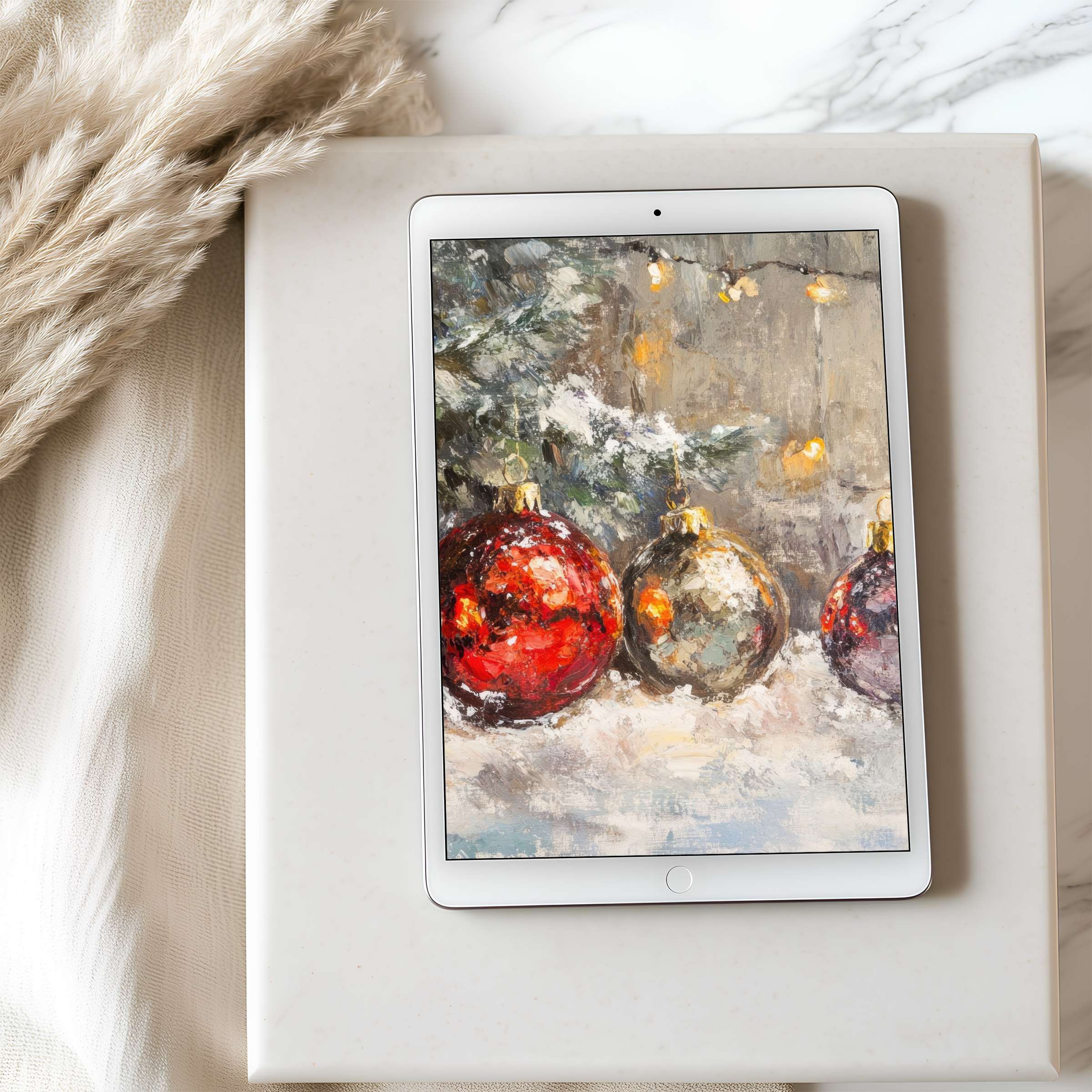 Elegant holiday-themed tablet wallpaper featuring vibrant ornaments with a high resolution, ideal for iPad or Android tablet download