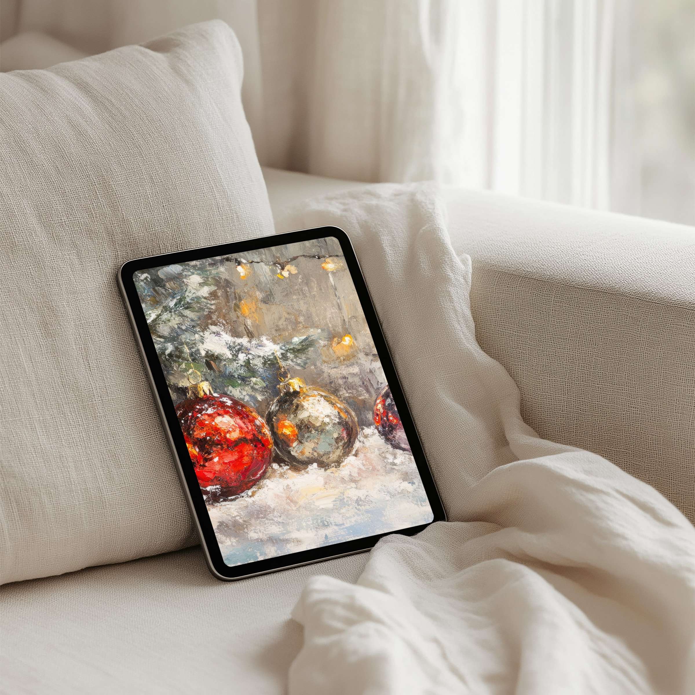 Elegant holiday-themed iPad background featuring serene winter ornaments for instant download on any tablet adds calm and inspiration
