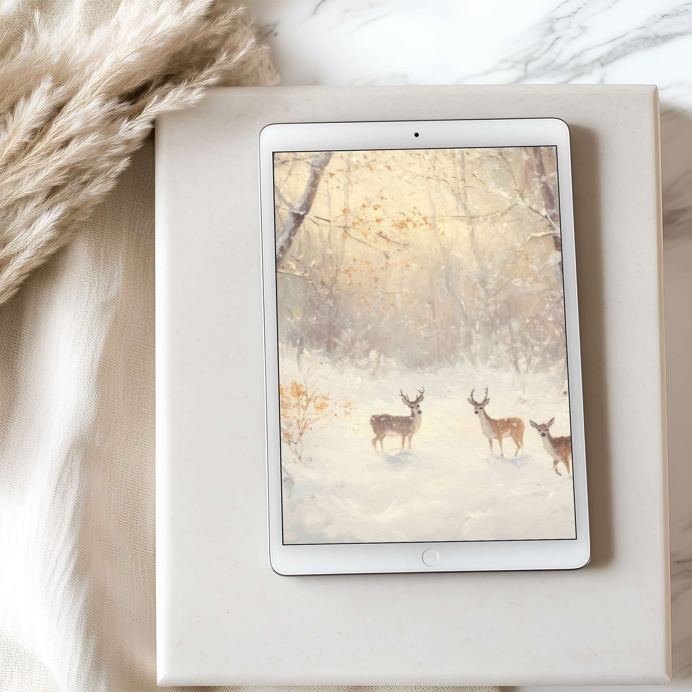 Elegant winter forest scene with deer on tablet wallpaper offers calming, high-resolution art download perfect for iPad and Android users
