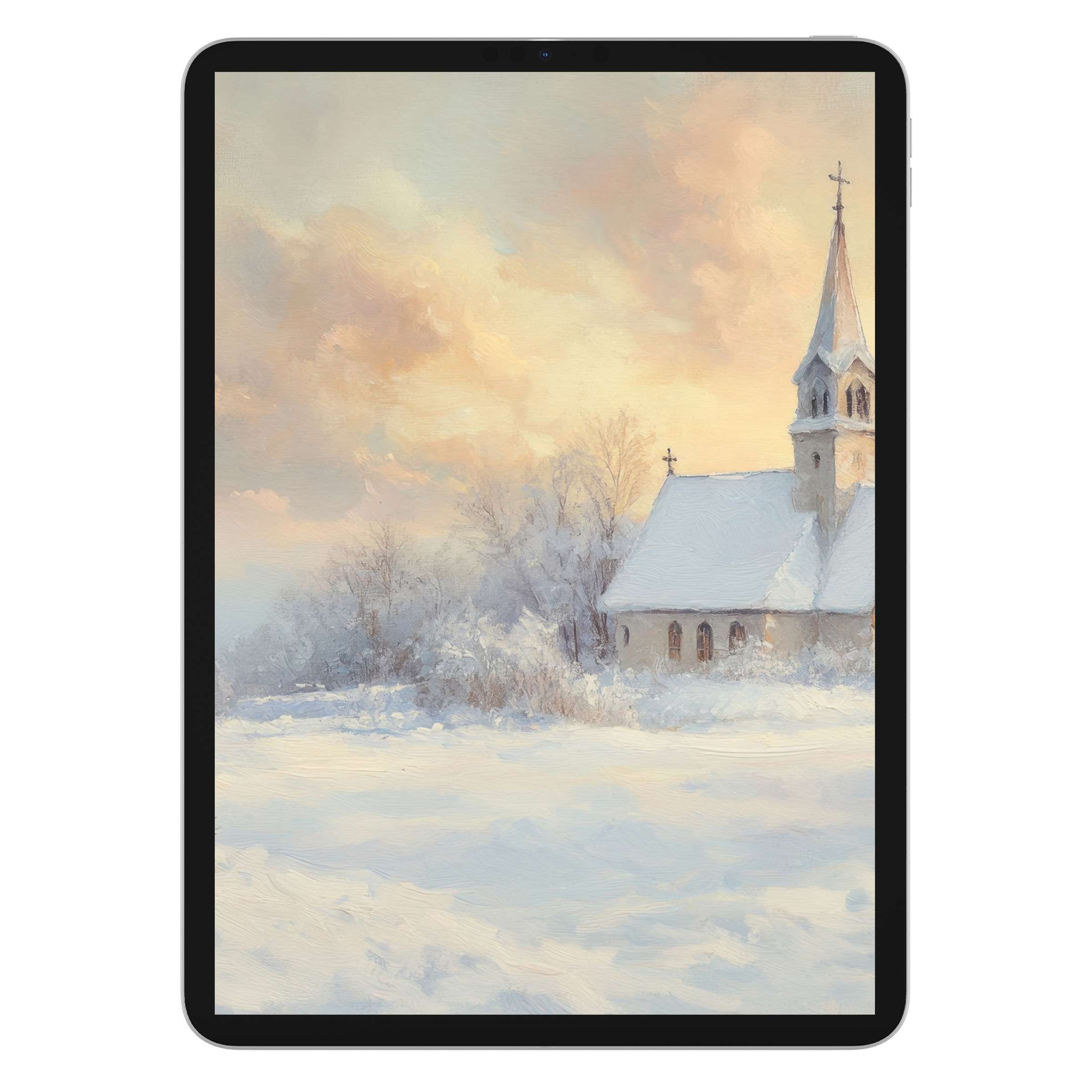 Elegant christmas iPad wallpaper showcasing a serene snowy church scene, perfect digital download background for any tablet device