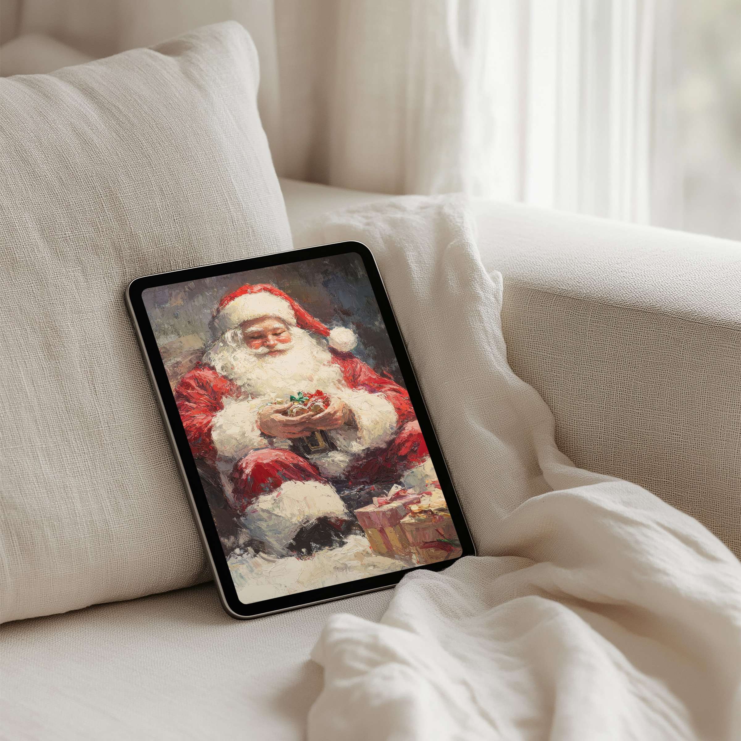 Warm and inviting iPad background featuring Santa in classic red suit perfect as instant download for any tablet user seeking cozy inspiration