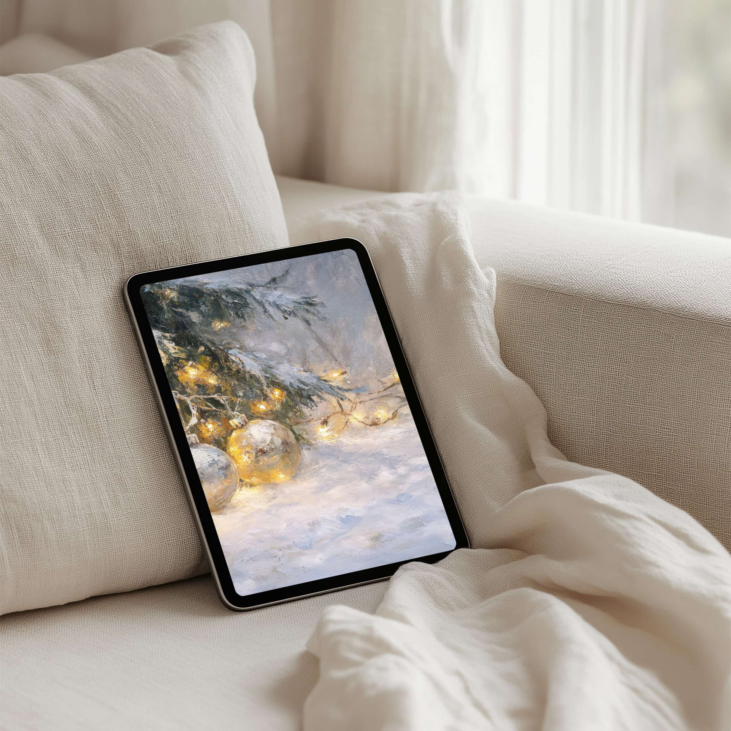 Elegant winter iPad background featuring serene snow and warm lights for instant download on any tablet inspiring calm mindfulness