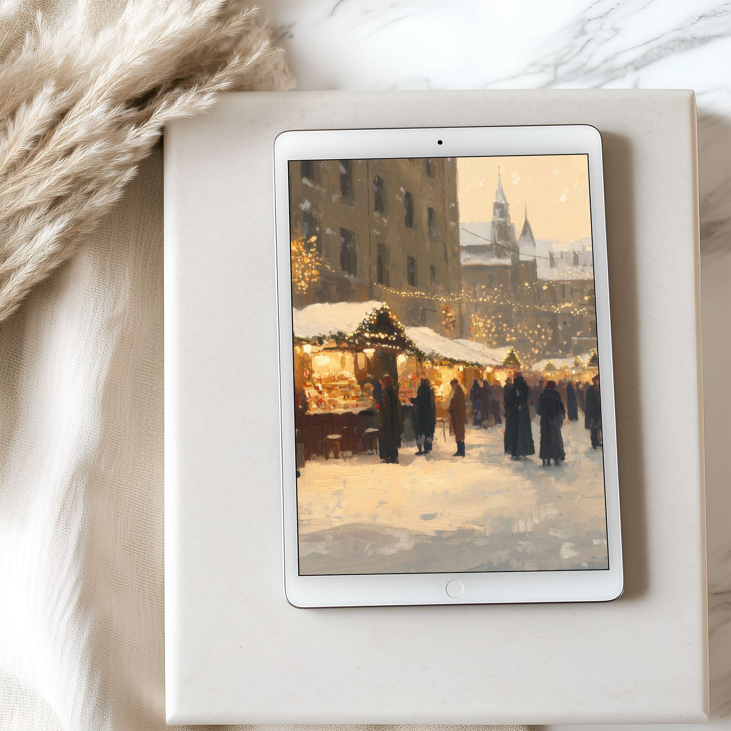 Cozy winter market scene with soft brushstrokes and warm lights, ideal for tablet wallpaper, suitable for iPad download, inspires calm ambiance