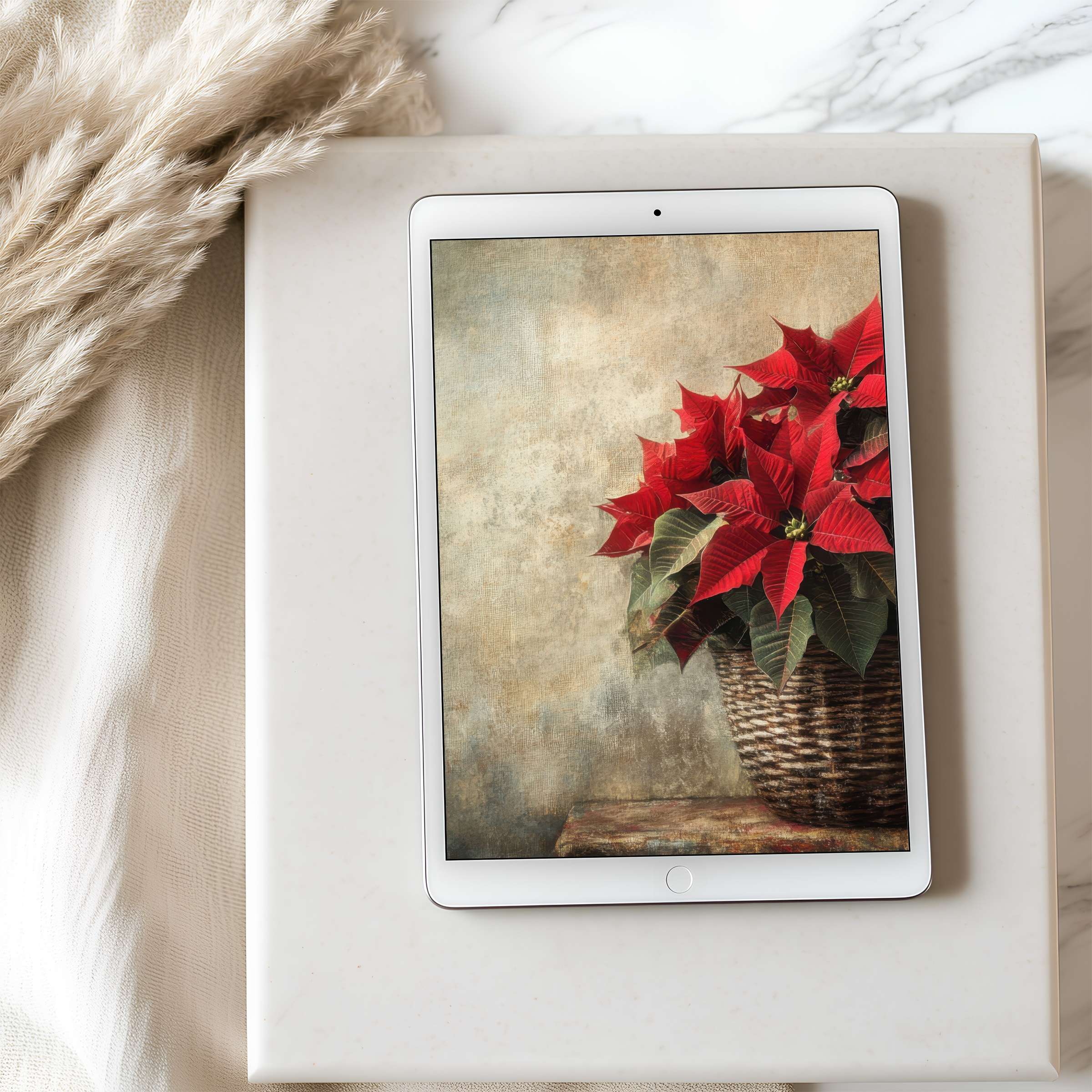 Elegant tablet wallpaper with red poinsettia in rustic basket, perfect for iPad download, enhances serene and curated interiors
