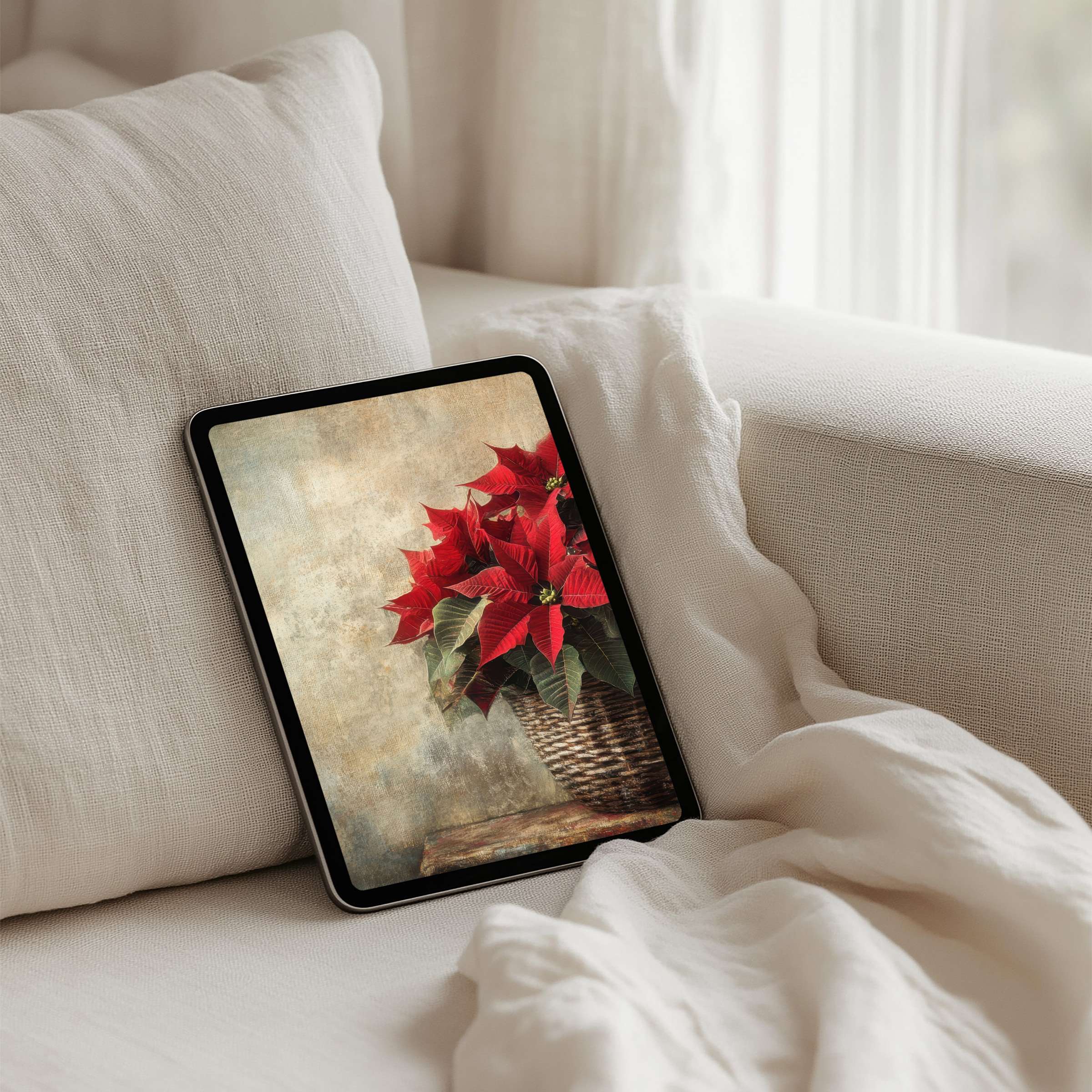 Elegant poinsettia art iPad background exudes calm and inspiration perfect for tablet instant download bringing mindfulness to decor