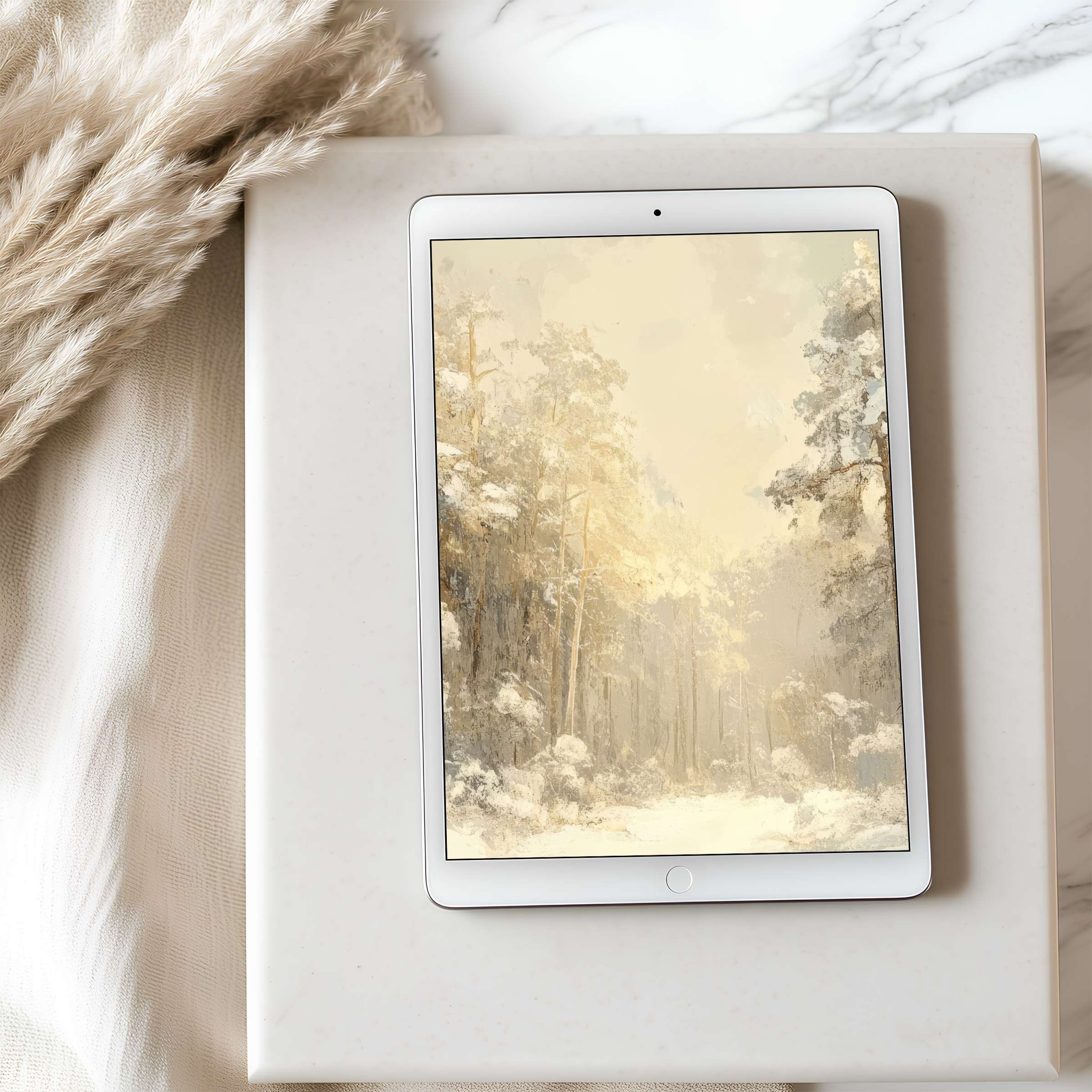 Elegant forest motif tablet wallpaper featuring tranquil snowy trees in soft neutrals transforms any iPad into curated serene beauty