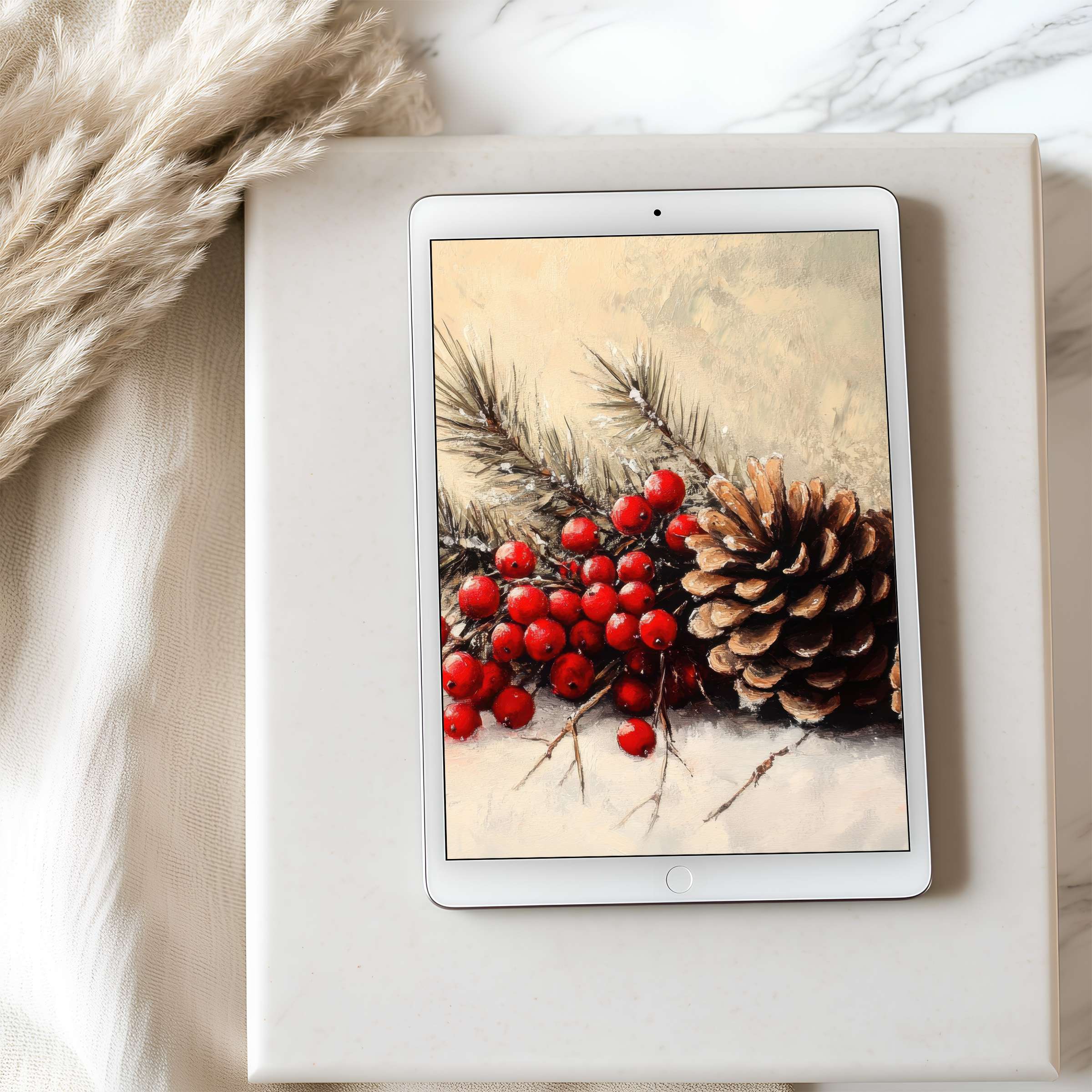 Elegant winter-themed tablet wallpaper featuring pine cones and berries evokes warmth, perfectly curated for high resolution on iPad or Android