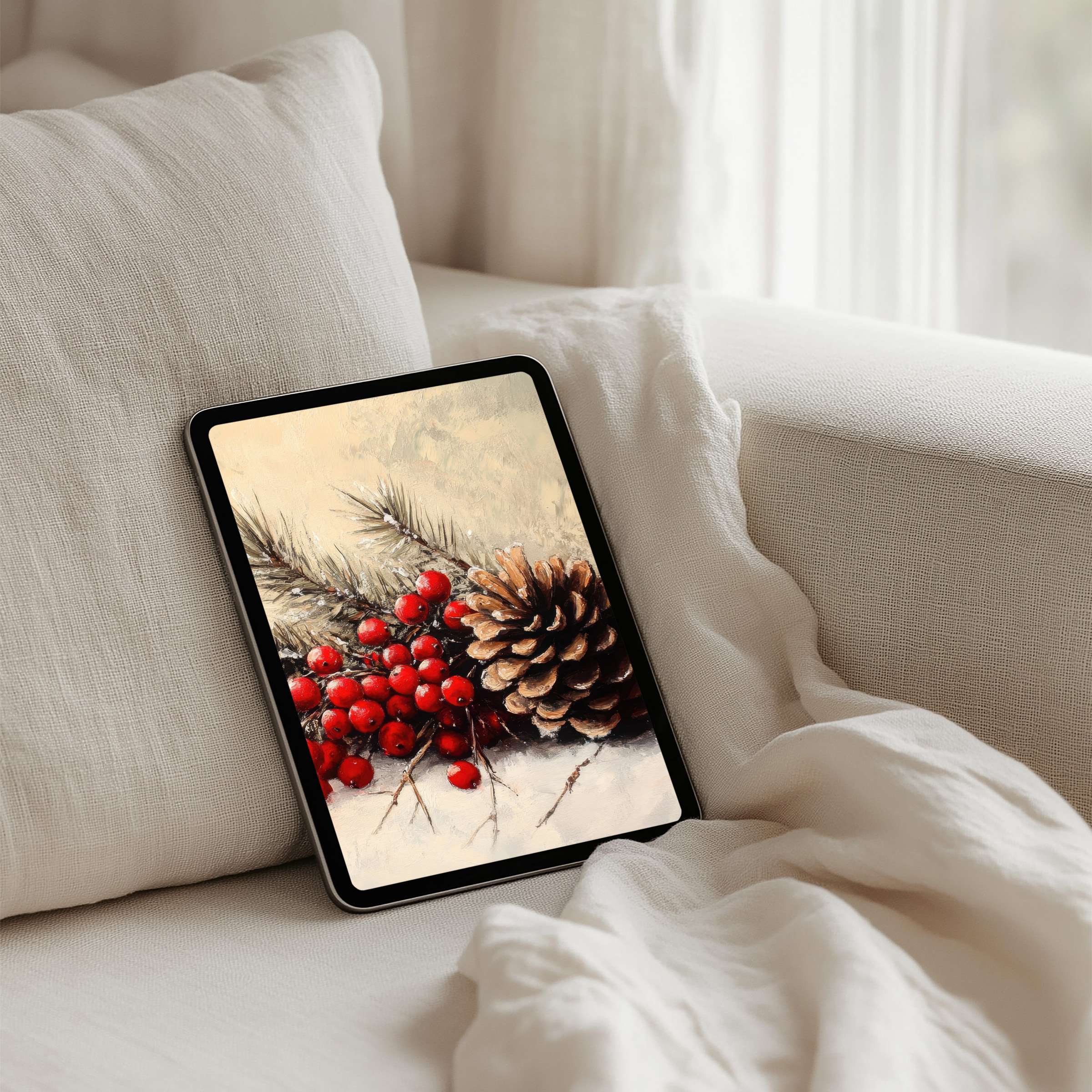 Elegant iPad background with nature's harmony in red berries and pinecone offers a calm, inspiring tablet experience instant download