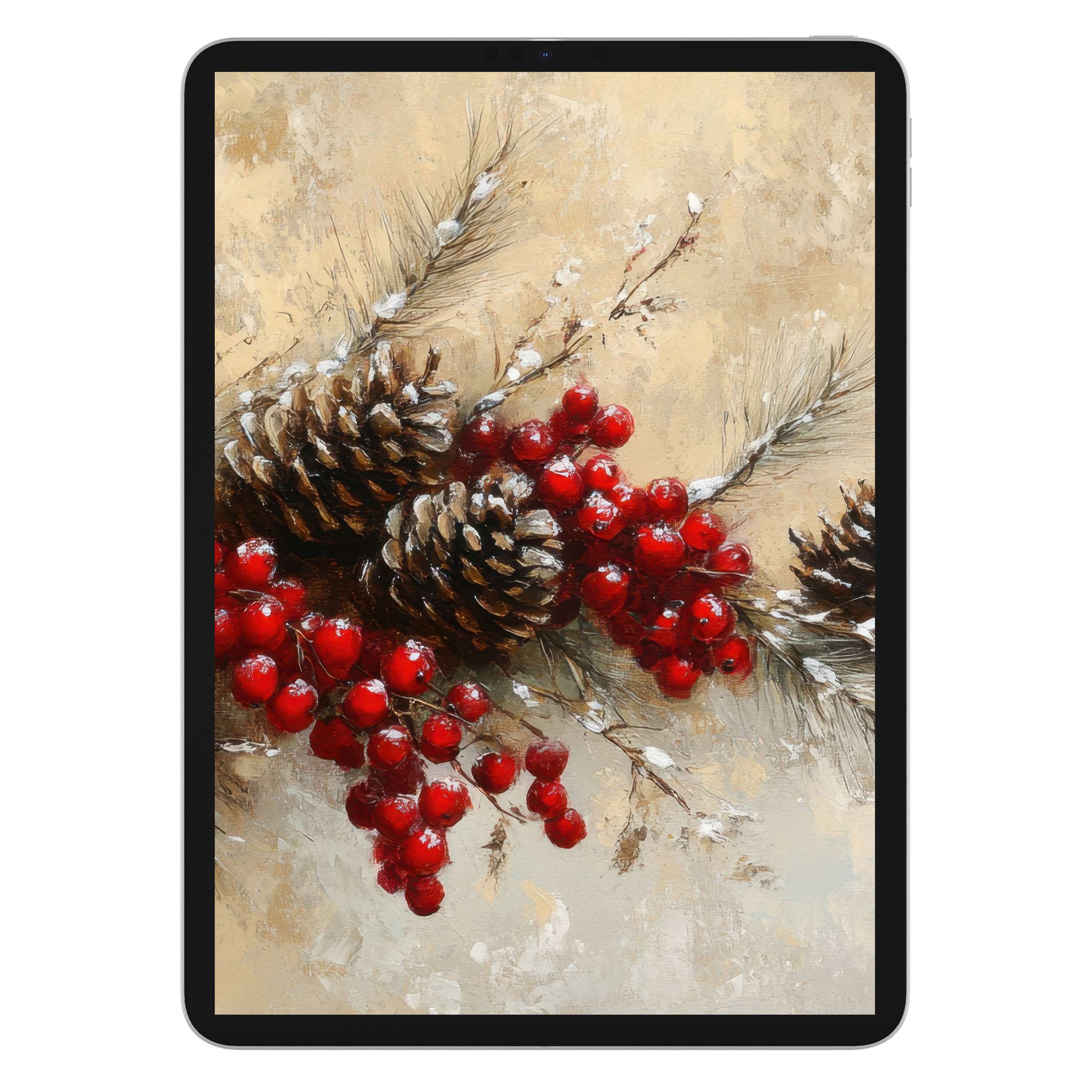 Elegant christmas iPad wallpaper featuring pine cones and red berries on a textured beige digital download background for tablets