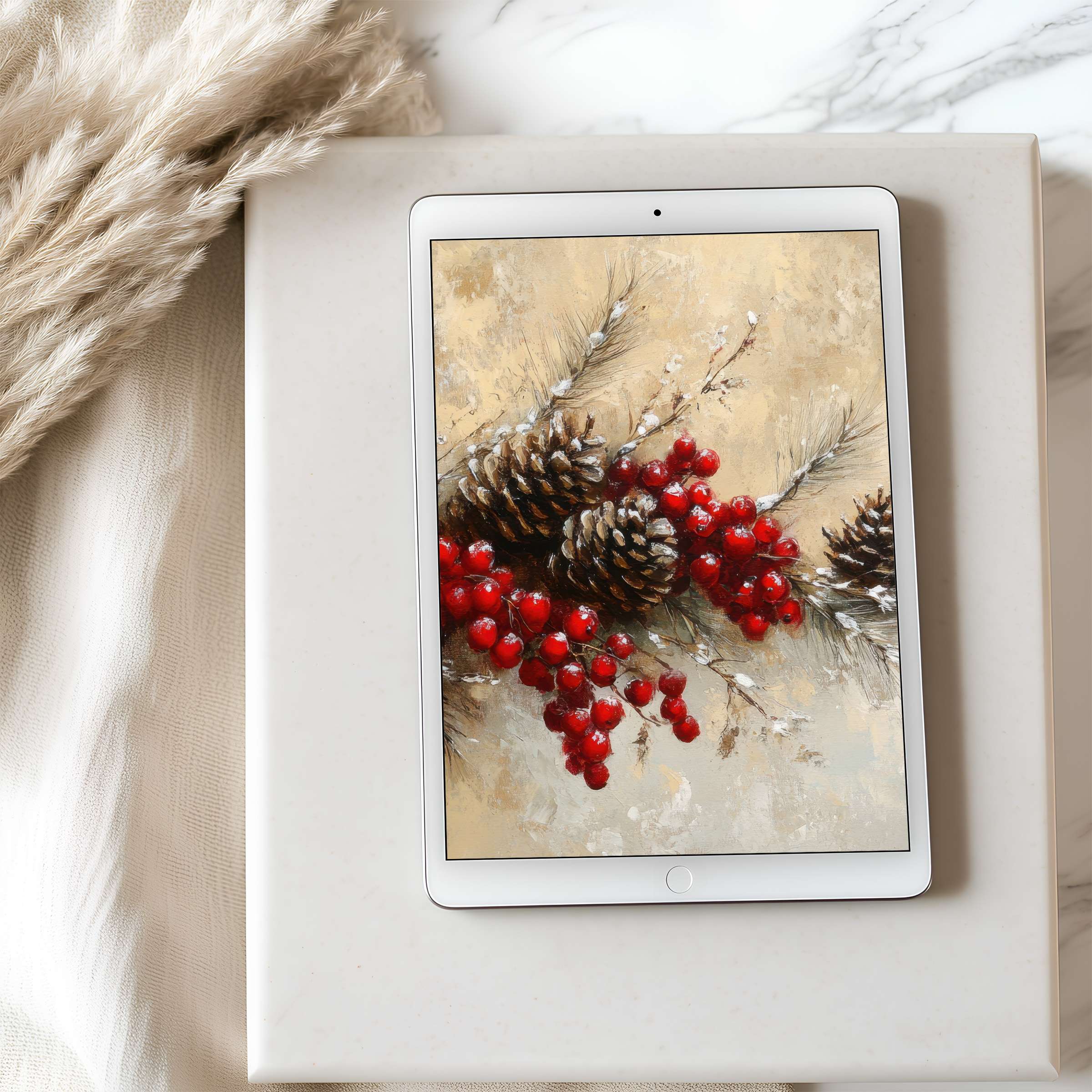 Elegant tablet wallpaper featuring festive pinecones and berries, perfect for iPad or Android tablets in high resolution, calming vibe