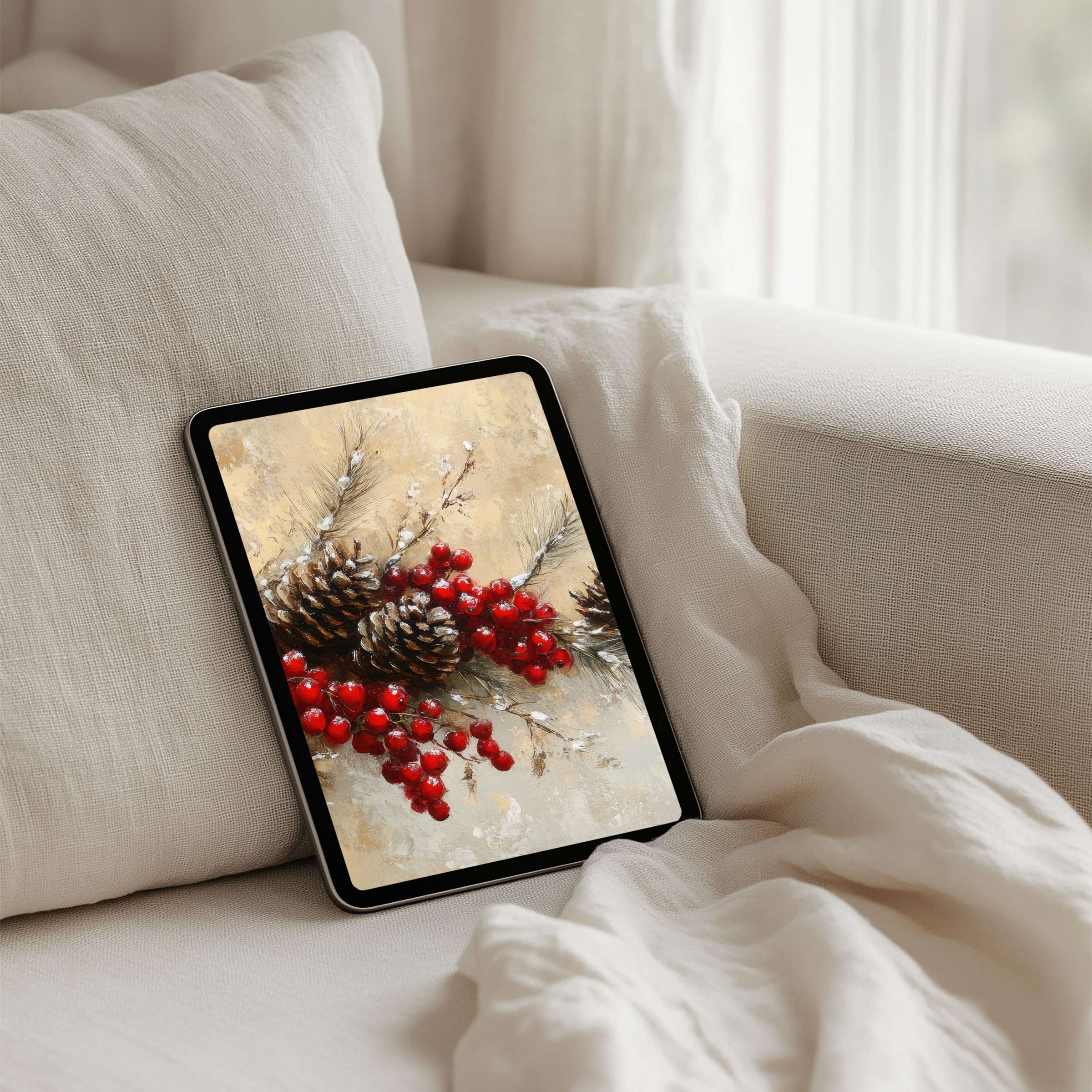Elegant winter-themed iPad background with pinecones and berries exuding calm on a cozy sofa for instant download to any tablet