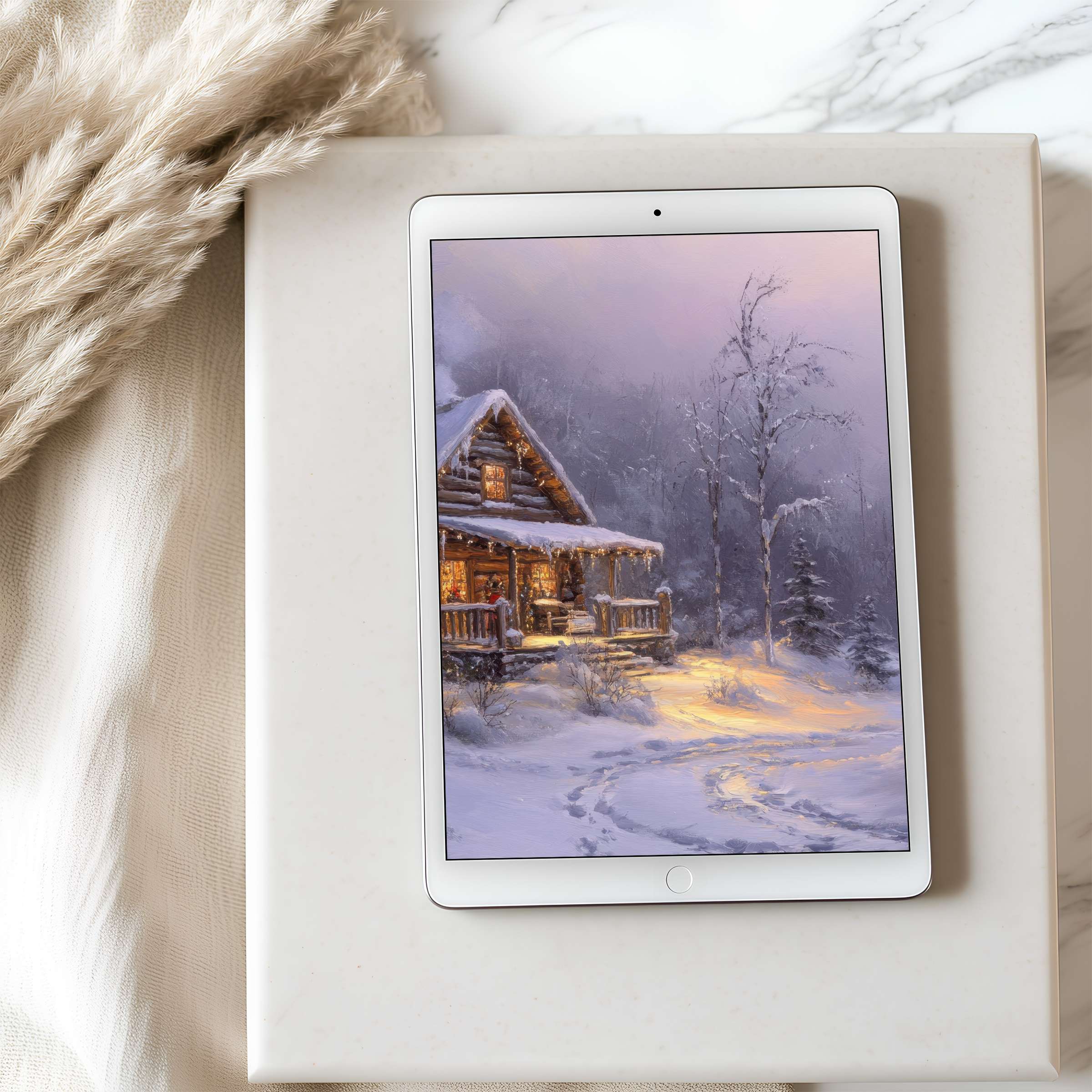 Cozy winter cabin painting on tablet wallpaper, perfect for high-resolution iPad and Android downloads, inspires calm elegance at home