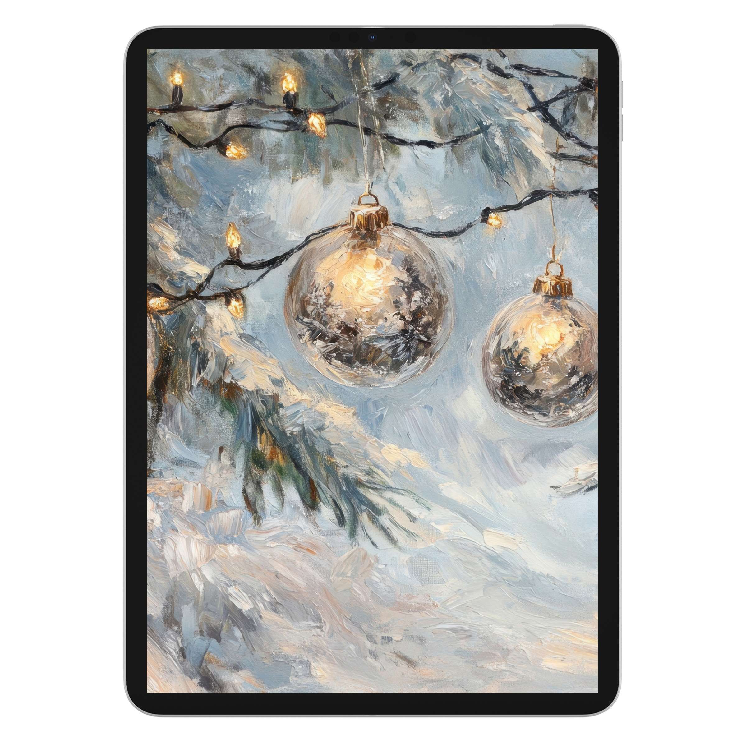 Elegant christmas iPad wallpaper featuring painted silver baubles and lights on a snowy background for tablet digital download users