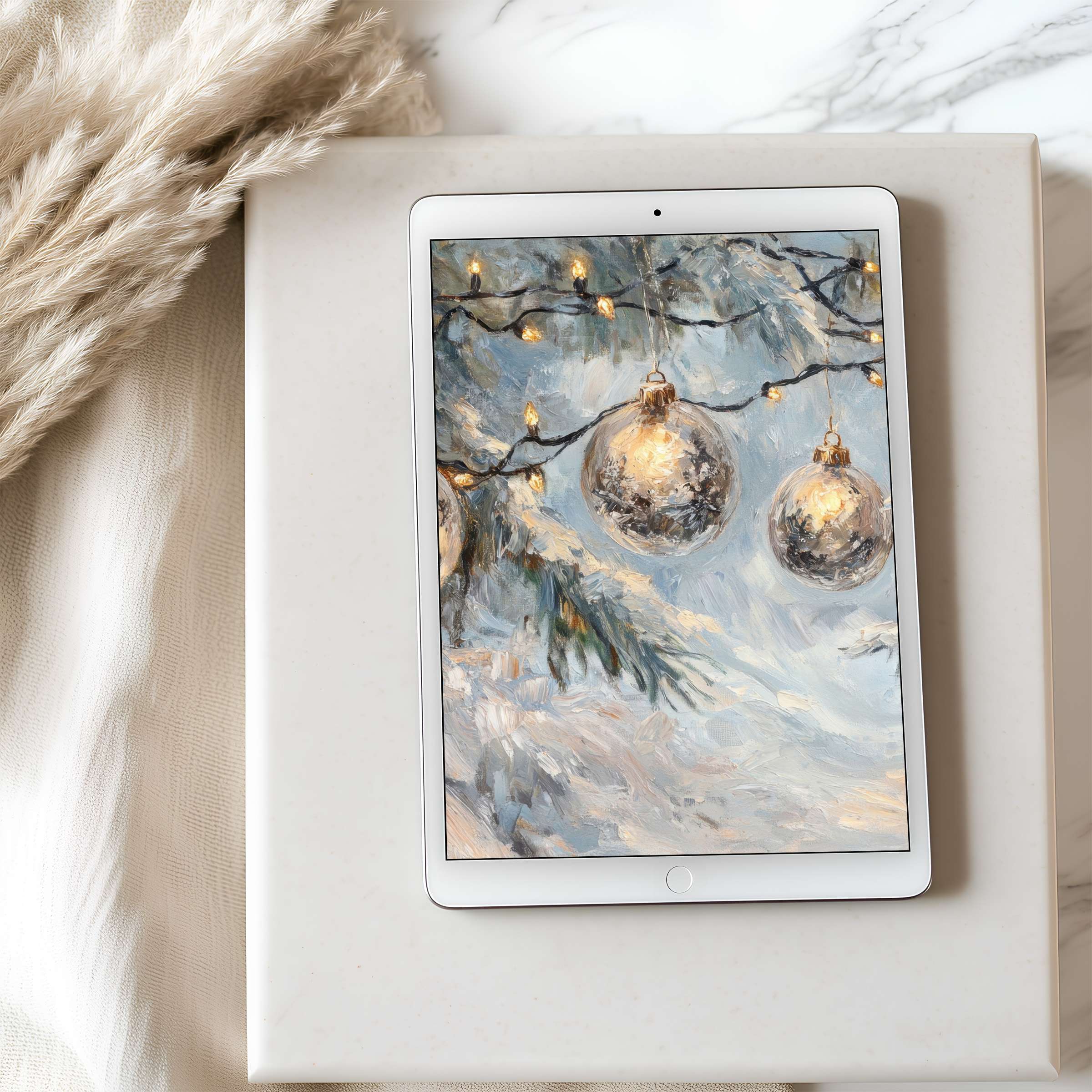 Elegant tablet wallpaper showcasing serene winter scene with festive bulbs; perfect high-resolution art for iPad and digital download