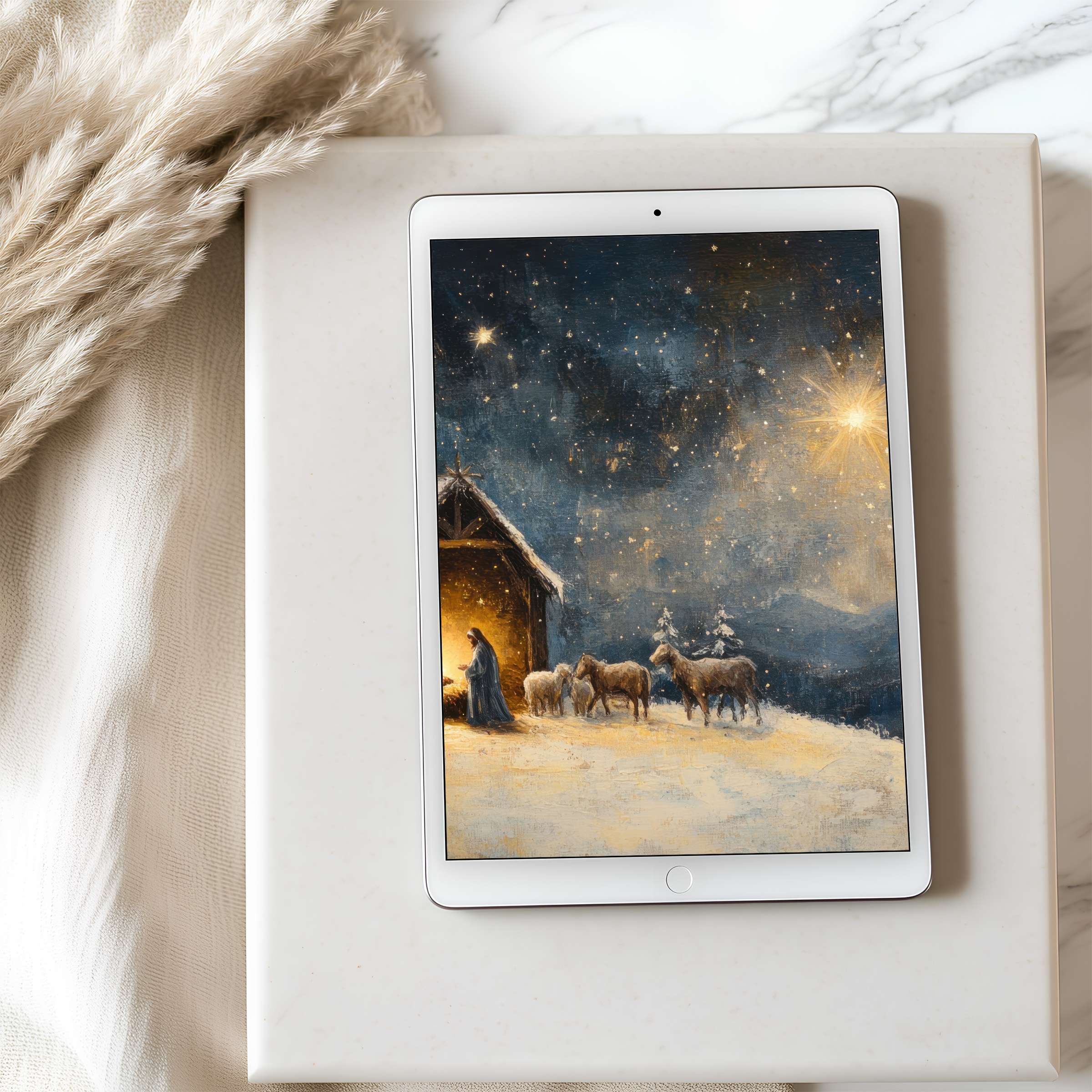 Elegant tablet wallpaper depicting a serene winter night scene with sheep under starlit skies, suitable for iPad and Android tablets