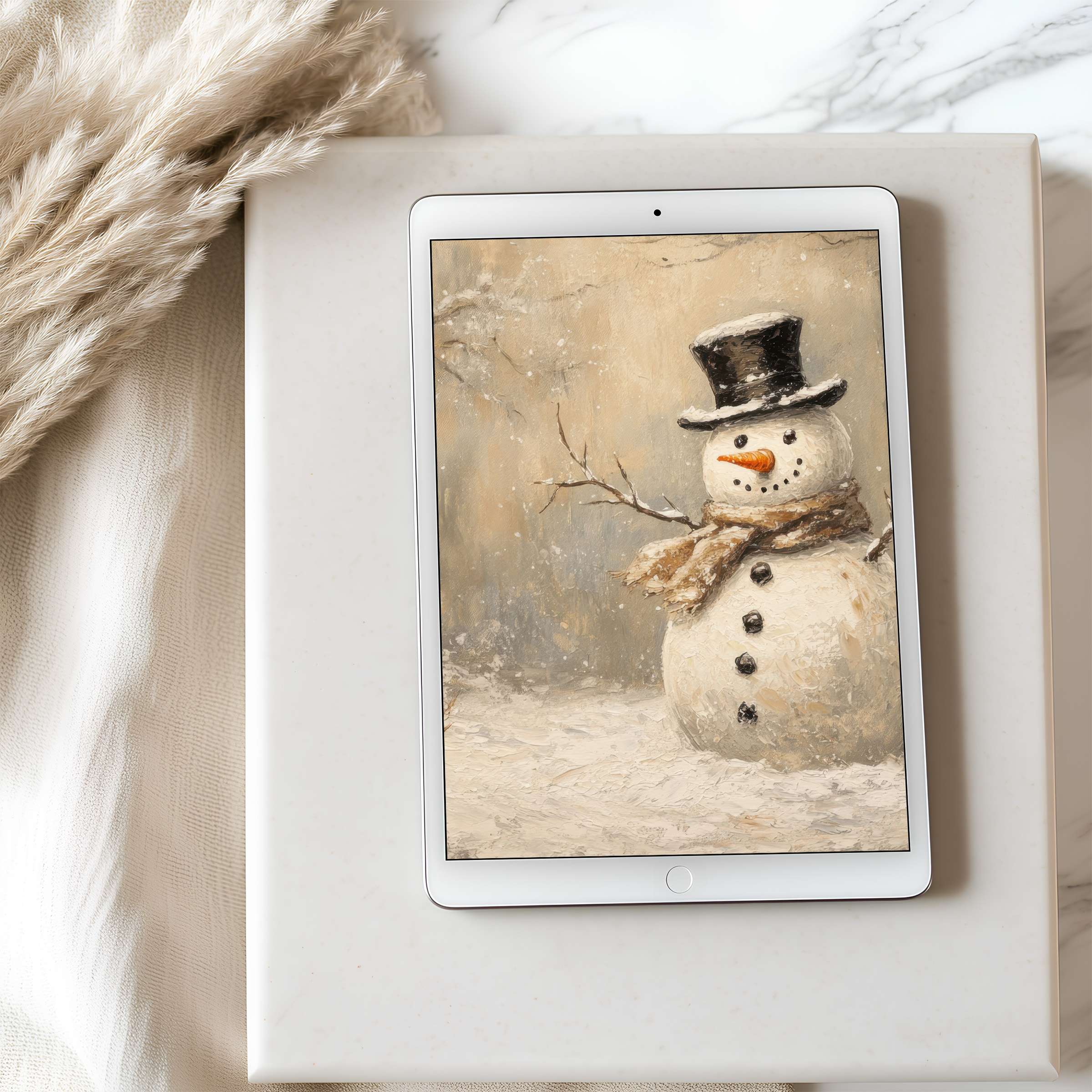 Inspire winter serenity with this high-resolution snowman tablet wallpaper set against a cozy neutral backdrop for curated calm