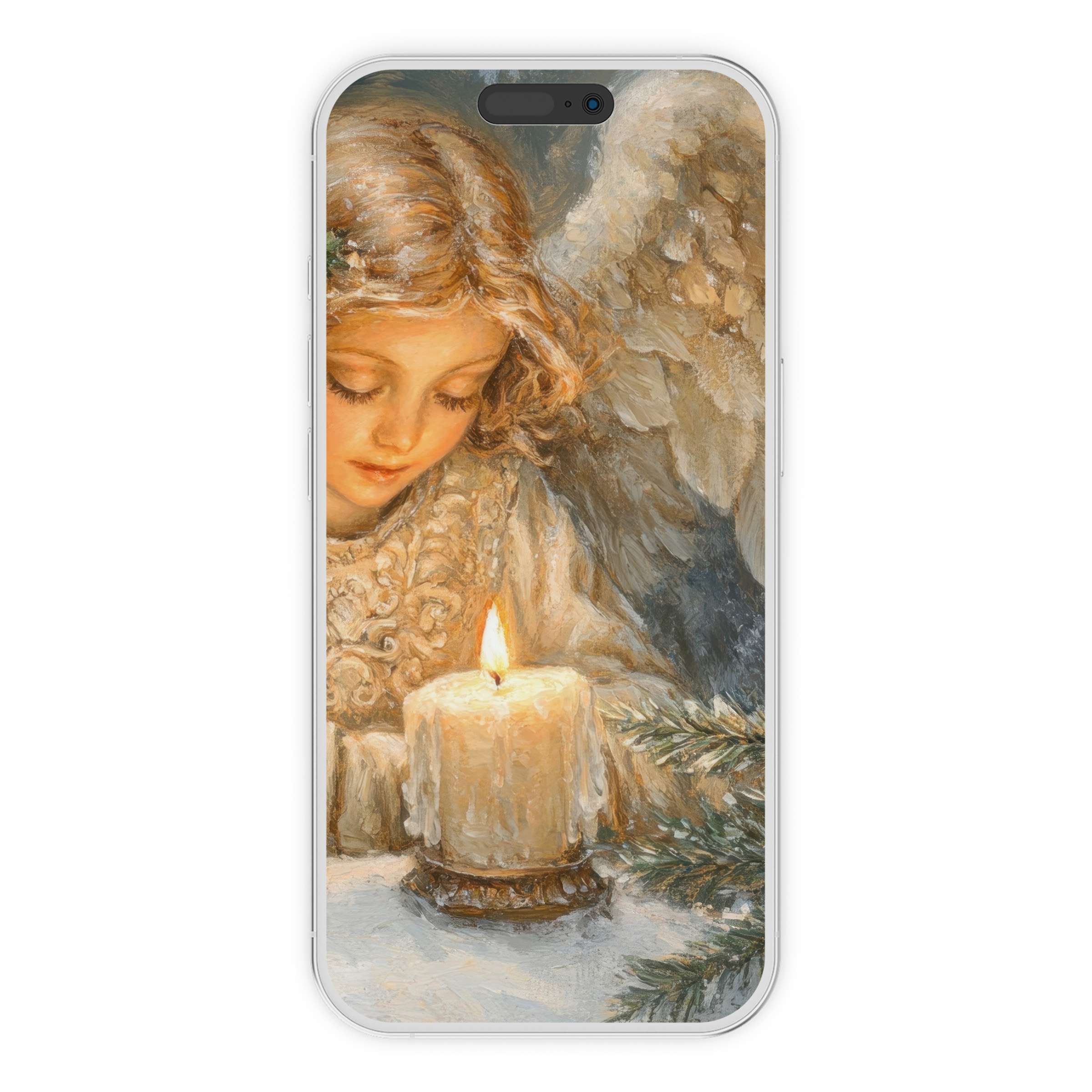 Elegant christmas iPhone wallpaper featuring a serene angel by candlelight offers a calming phone background in digital download format