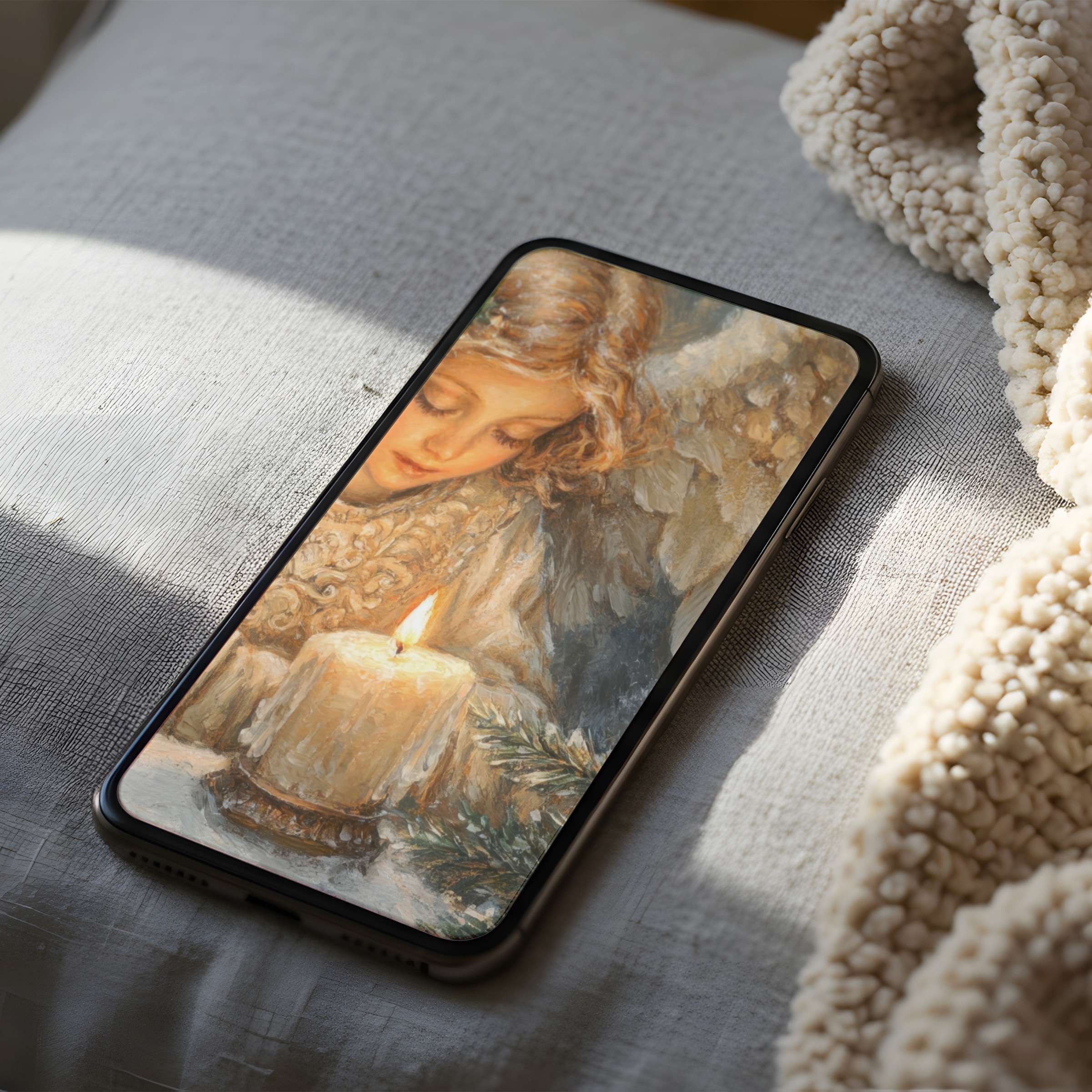 Warm angelic painting phone wallpaper featuring a serene candle motif in soft hues, suitable for iPhone and Android digital download