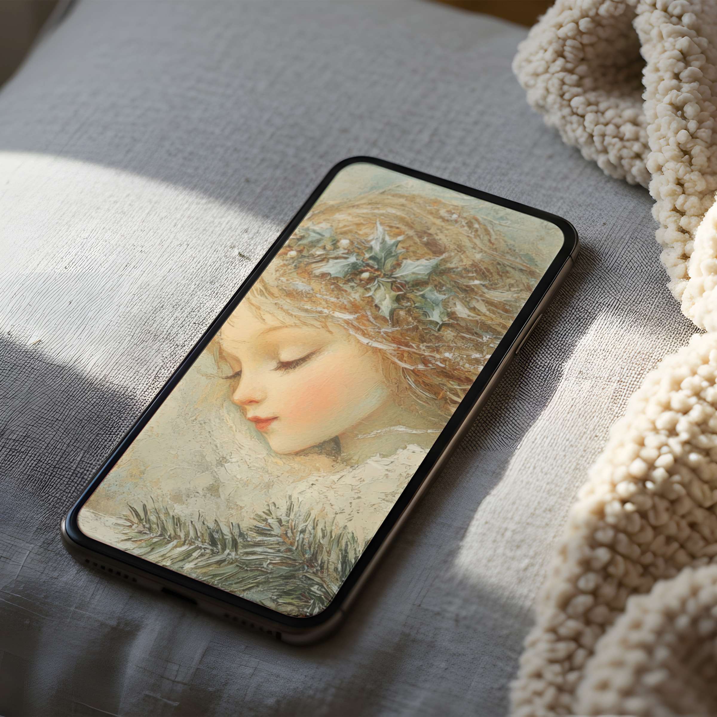 Delicate phone wallpaper featuring a serene portrait with soft pastel hues, perfect for iPhone and android, offering digital download appeal