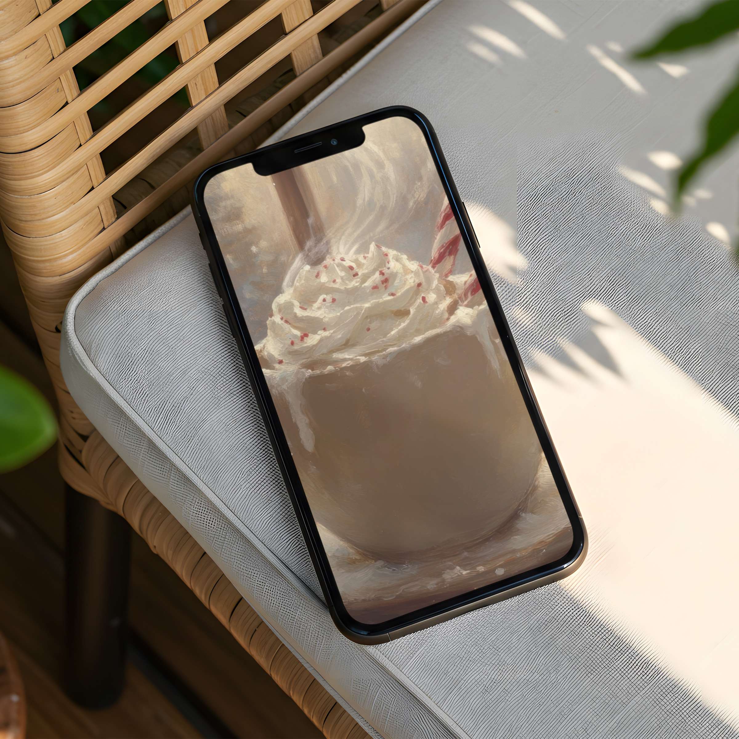 Calm iPhone background featuring a serene hot cocoa with whipped cream, perfect for instant download to uplift your phone ambiance