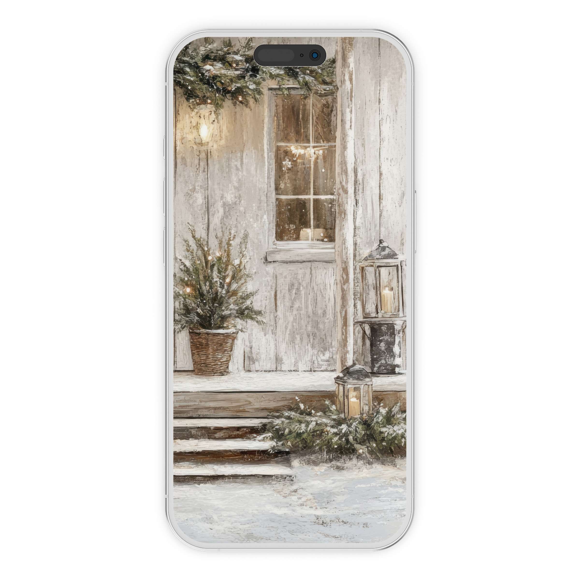 Calming Christmas iPhone wallpaper with snowy rustic porch, lanterns, and wreath, perfect digital download for phone holiday background