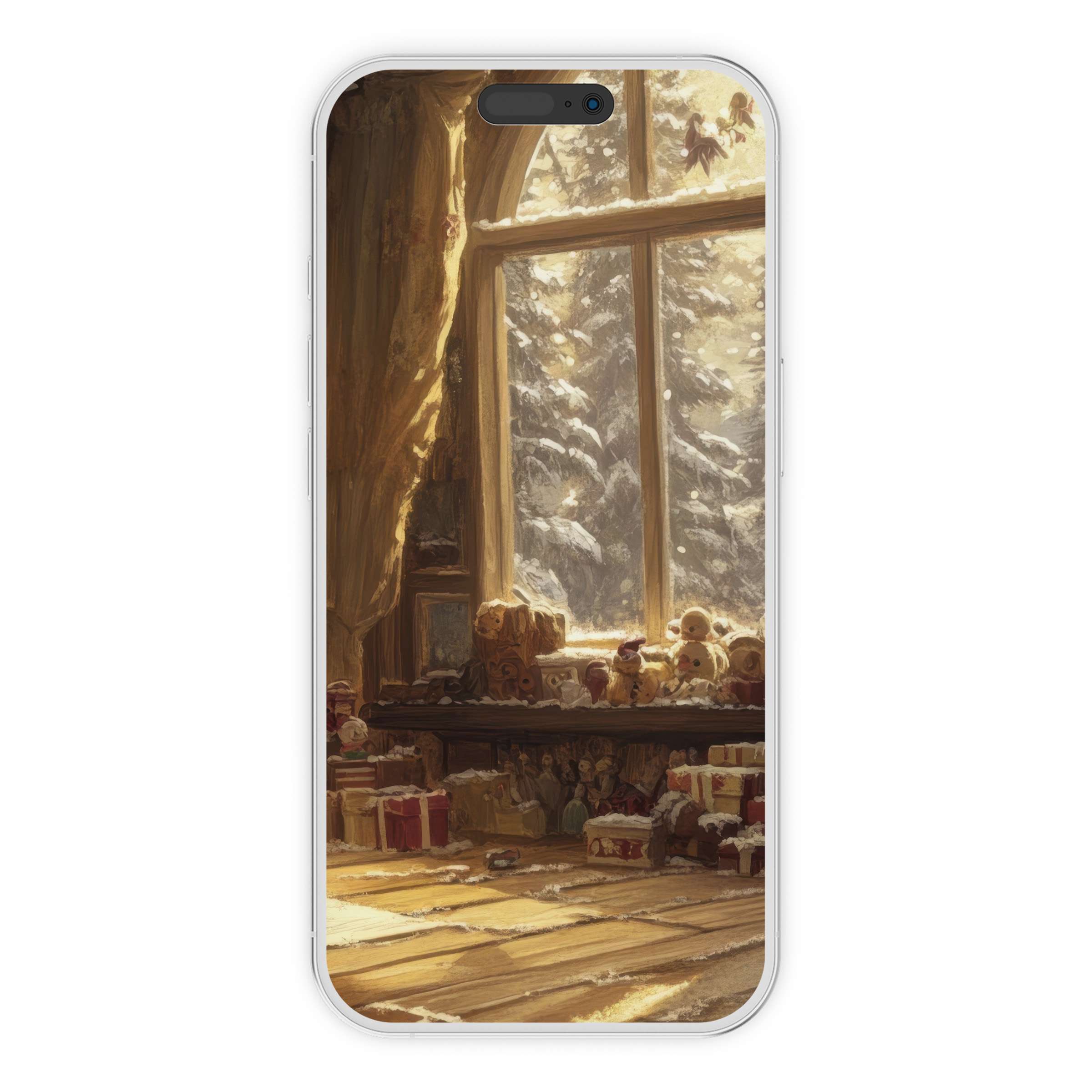 Christmas iPhone wallpaper with cozy window scene, snow-covered trees, and gifts creating a warm phone background for digital download