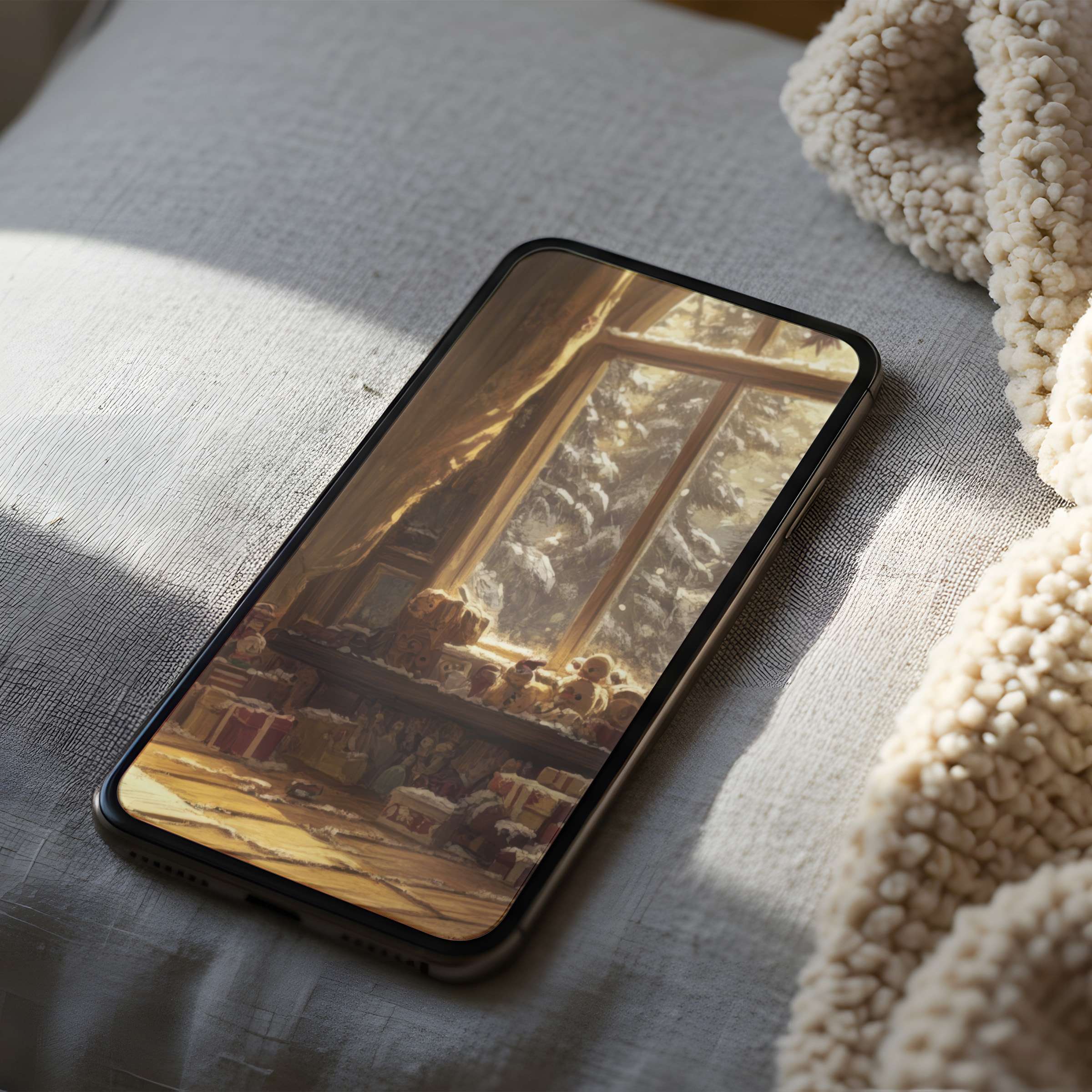 Cozy phone wallpaper with warm sunlight streaming through a window, perfect high-resolution digital art for iPhone and Android download