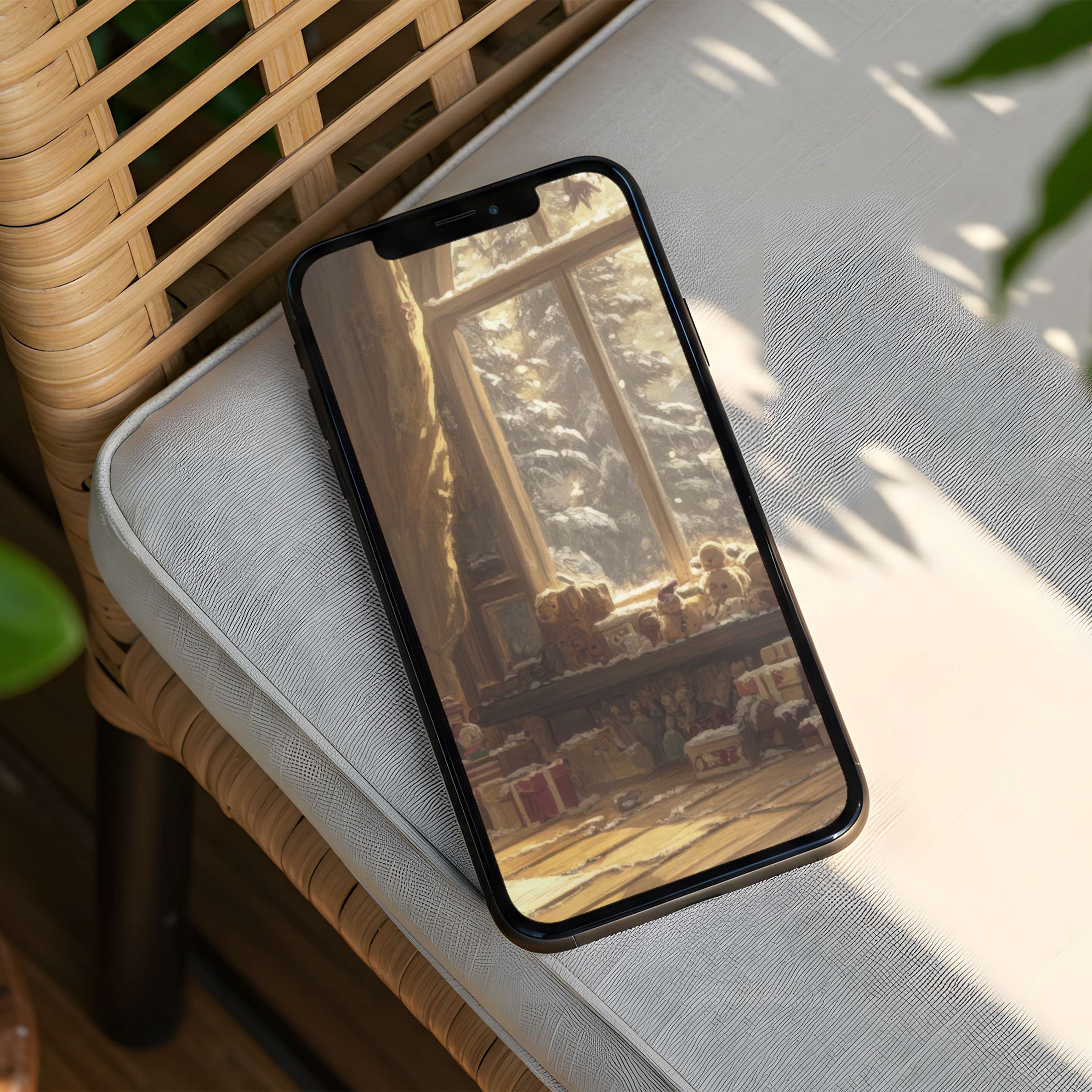 Calming iPhone background showcasing a sunlit snowy window scene for instant download, perfect for elegant phone aesthetics