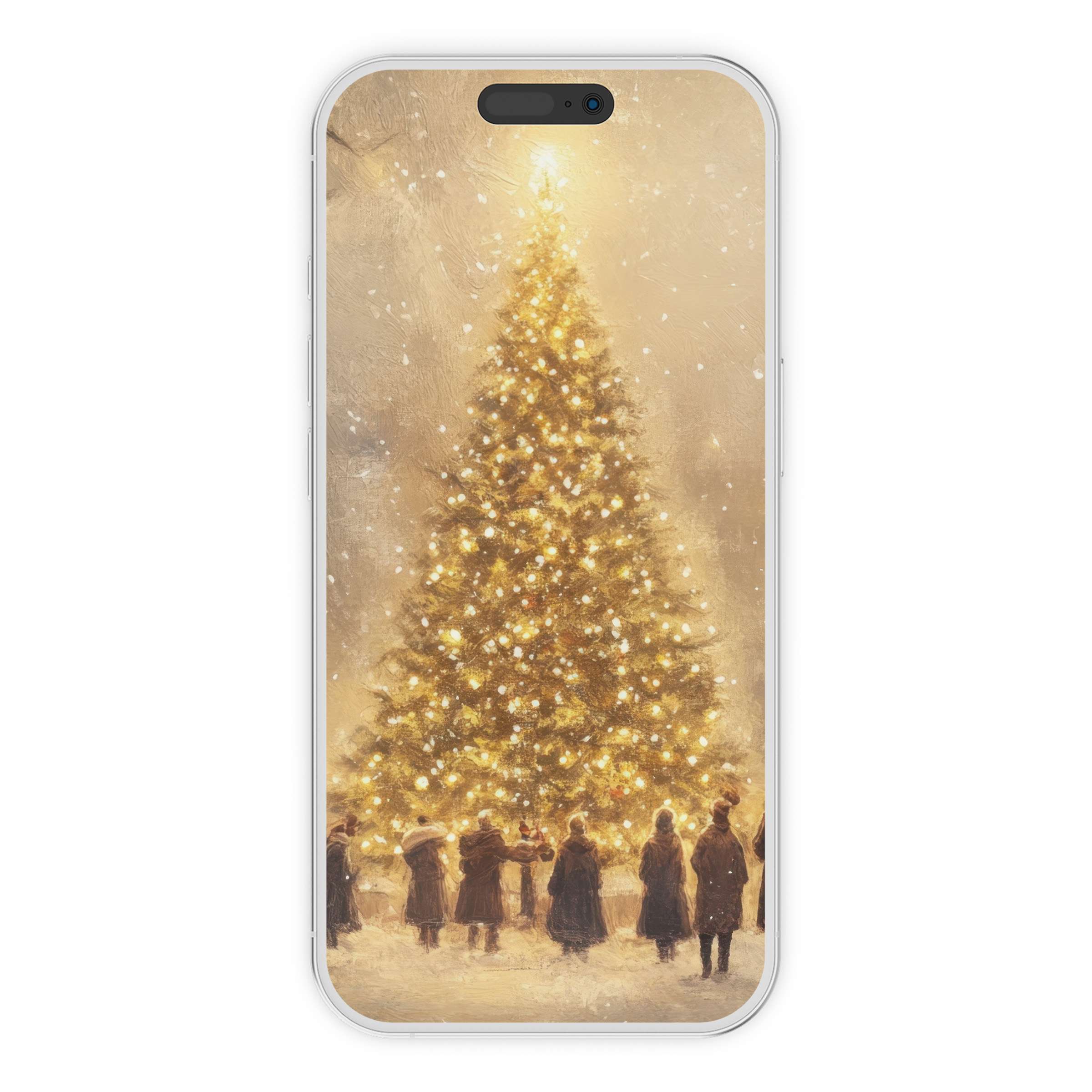Elegant christmas iPhone wallpaper, featuring a softly lit tree, ideal phone background for a digital download; festive magic captured