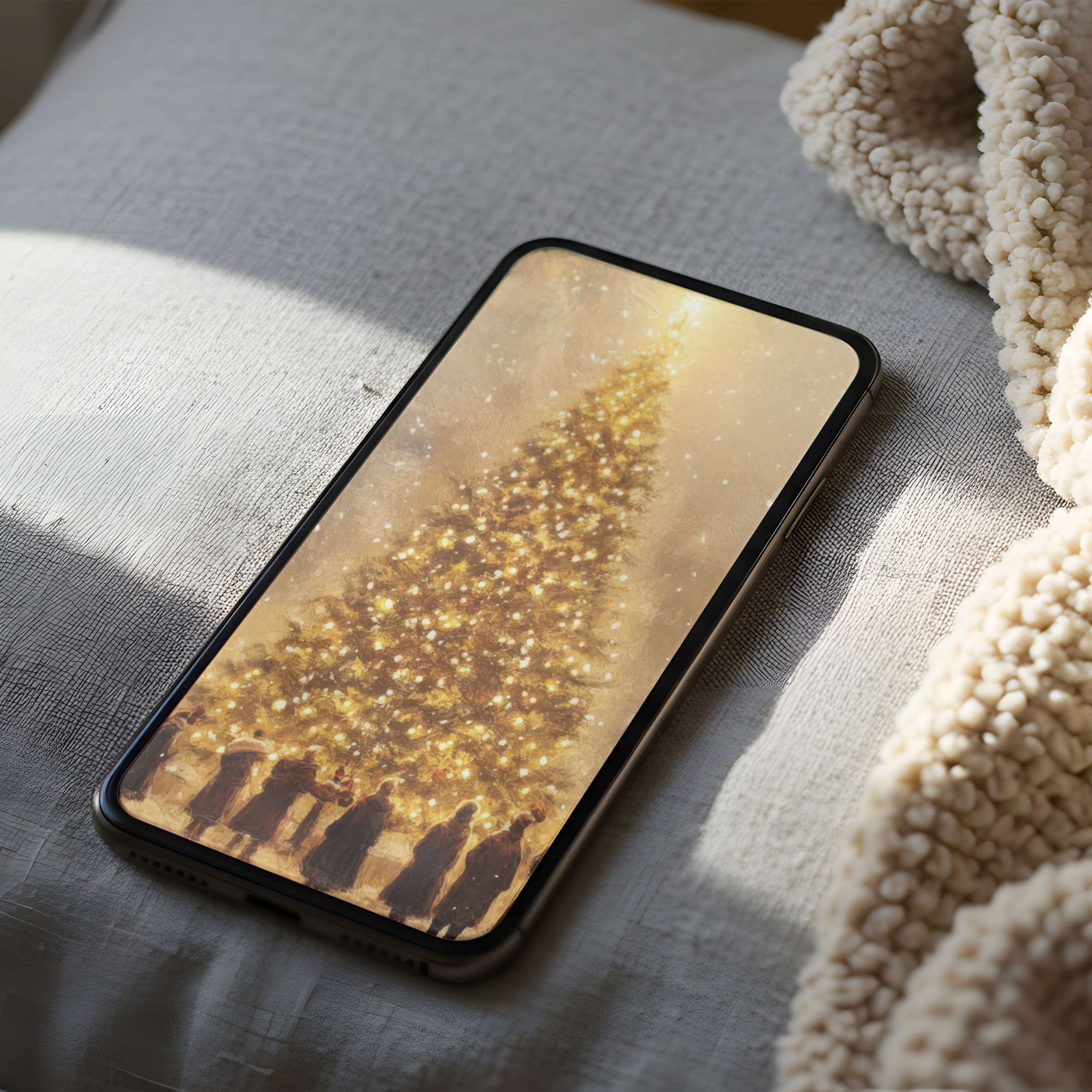 Elegant phone wallpaper featuring a golden Christmas tree in snow-lit ambiance perfect for iPhone and android phones digital download
