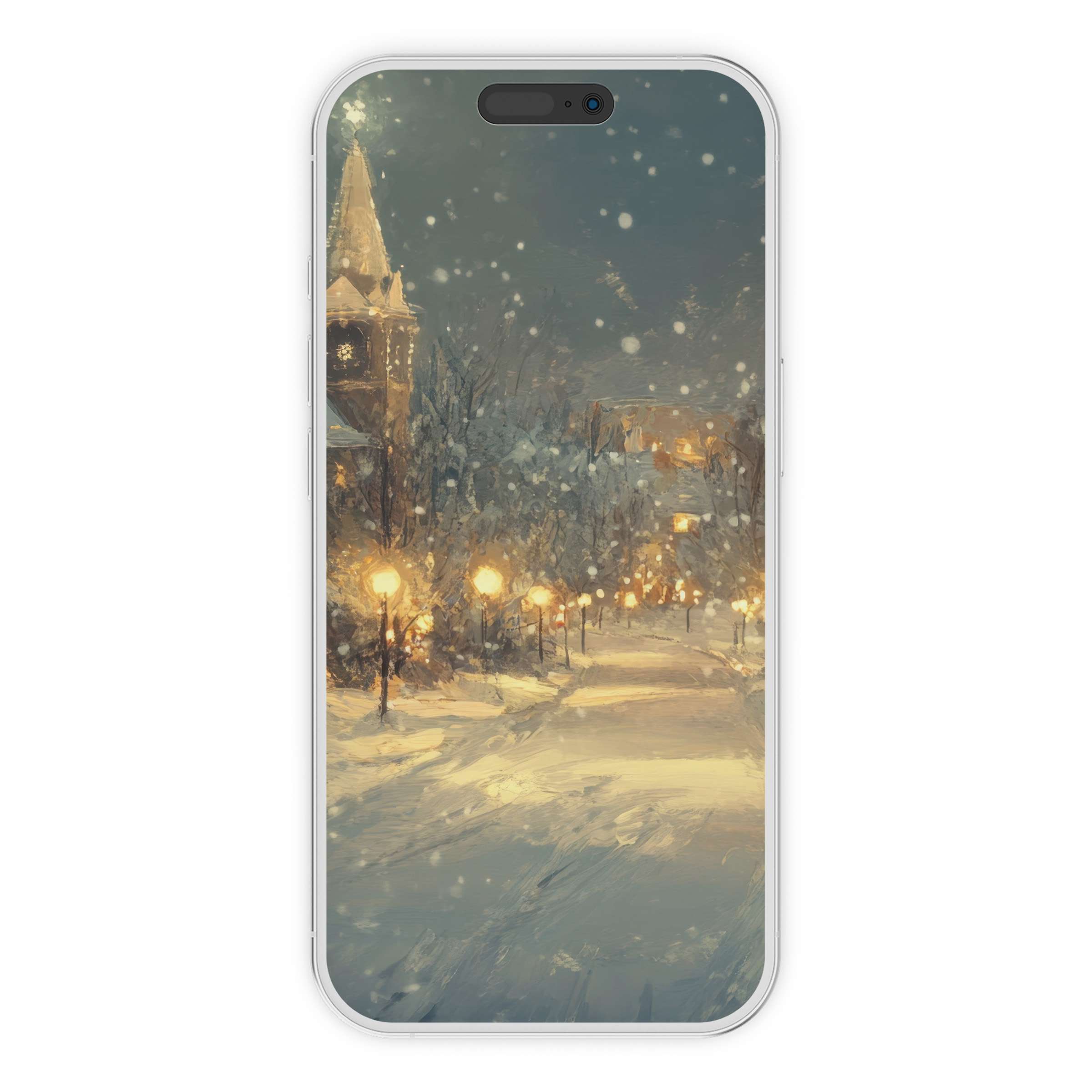 Serene Christmas iPhone wallpaper with snowy street, warm lights, and winter charm for elegant digital download phone background