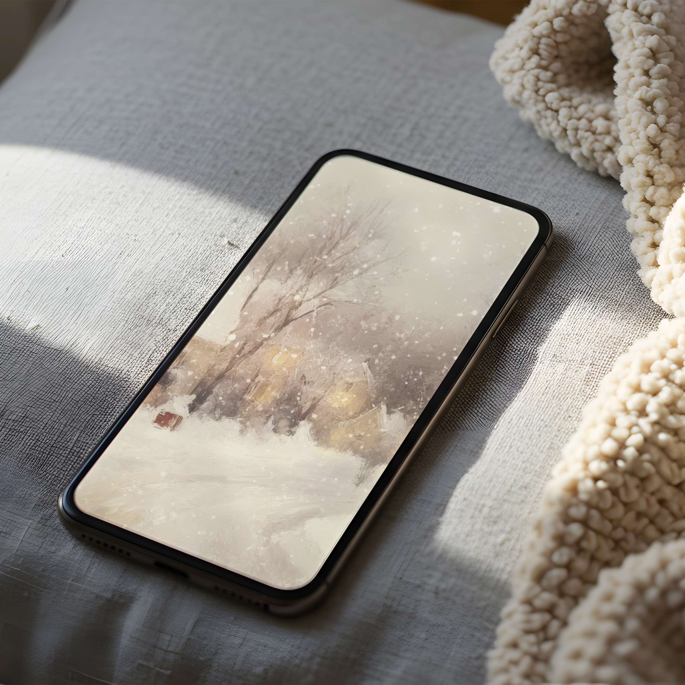 Snowy landscape phone wallpaper with soft pastel tones creates a serene ambiance suitable for iPhone and Android phones, digital download