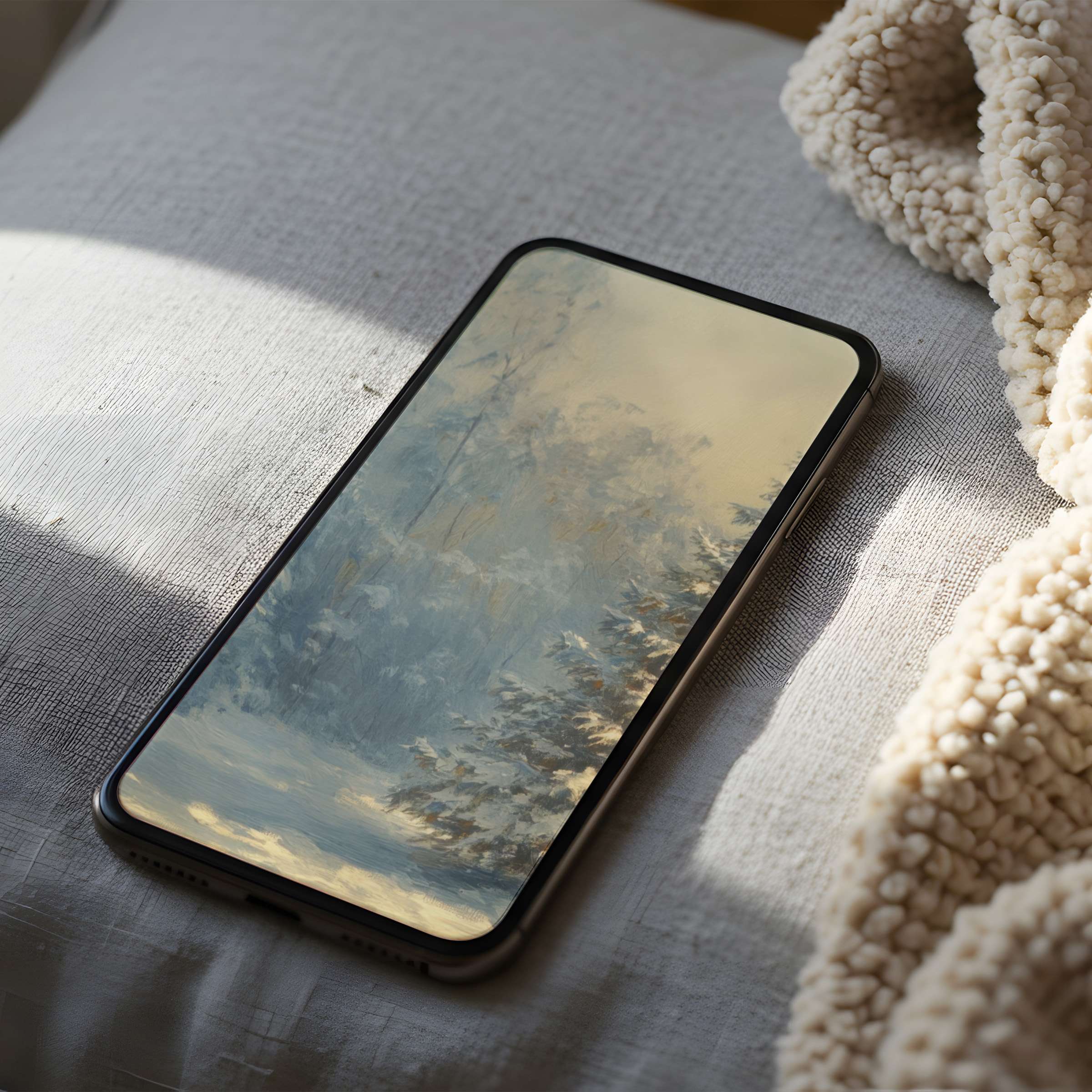 Serene winter scene phone wallpaper in soft blues and creams offering a calm escape suitable for iPhone and Android digital download