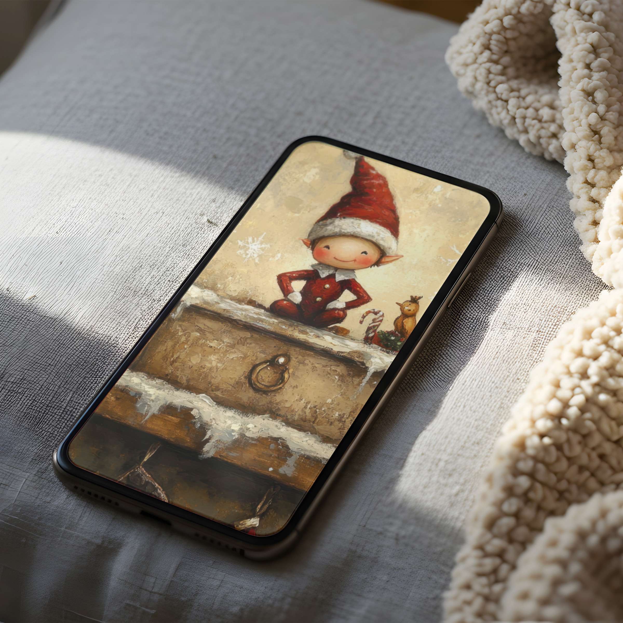 Charming festive elf phone wallpaper in warm tones adds whimsy to your screen suitable for iPhone and android high resolution download