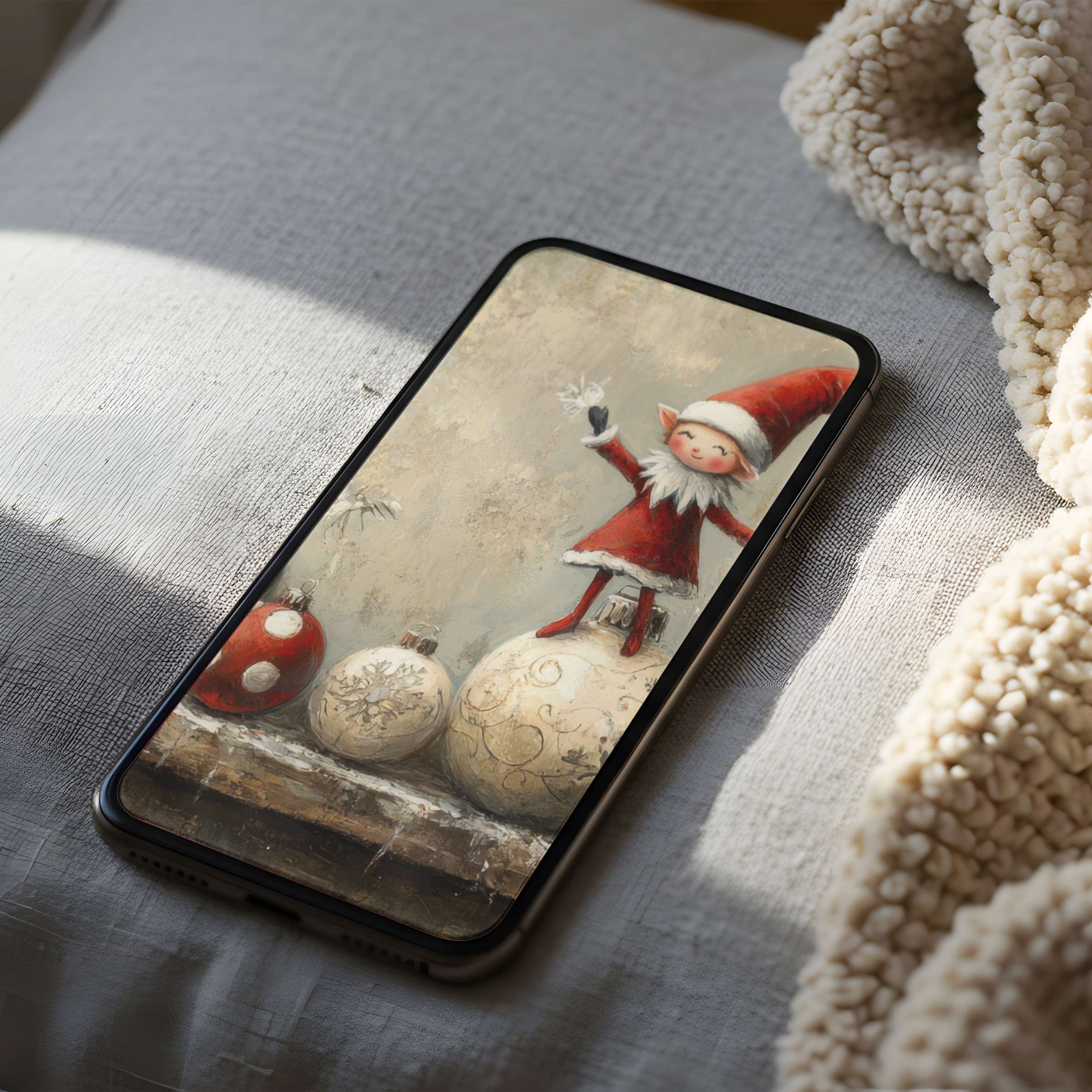 Festive phone wallpaper featuring a whimsical elf on Christmas ornaments, perfect for iPhone and Android, offering calm elegance in high resolution
