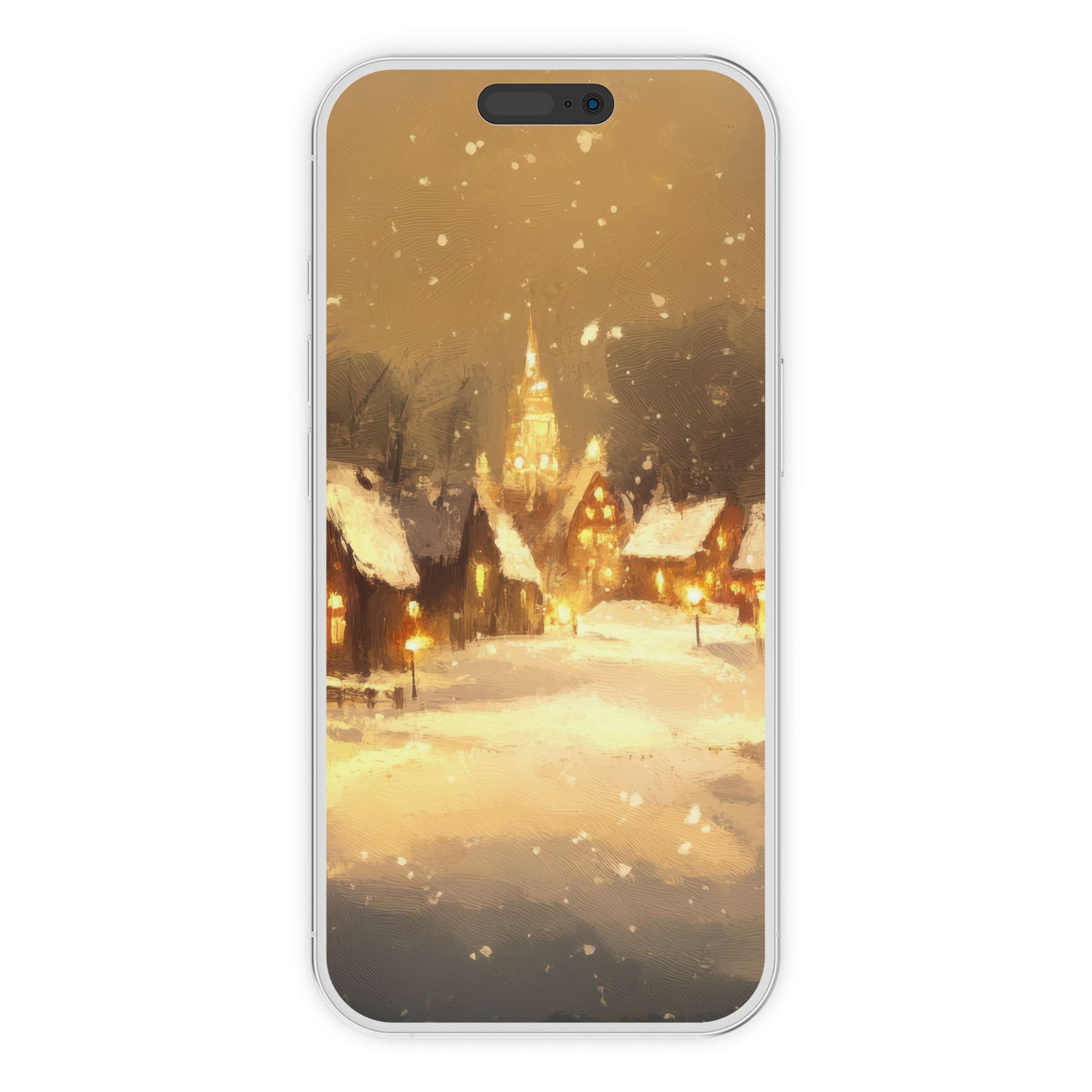 Enchanting digital download of a serene Christmas iPhone wallpaper featuring a snowy village, perfect phone background for festive elegance