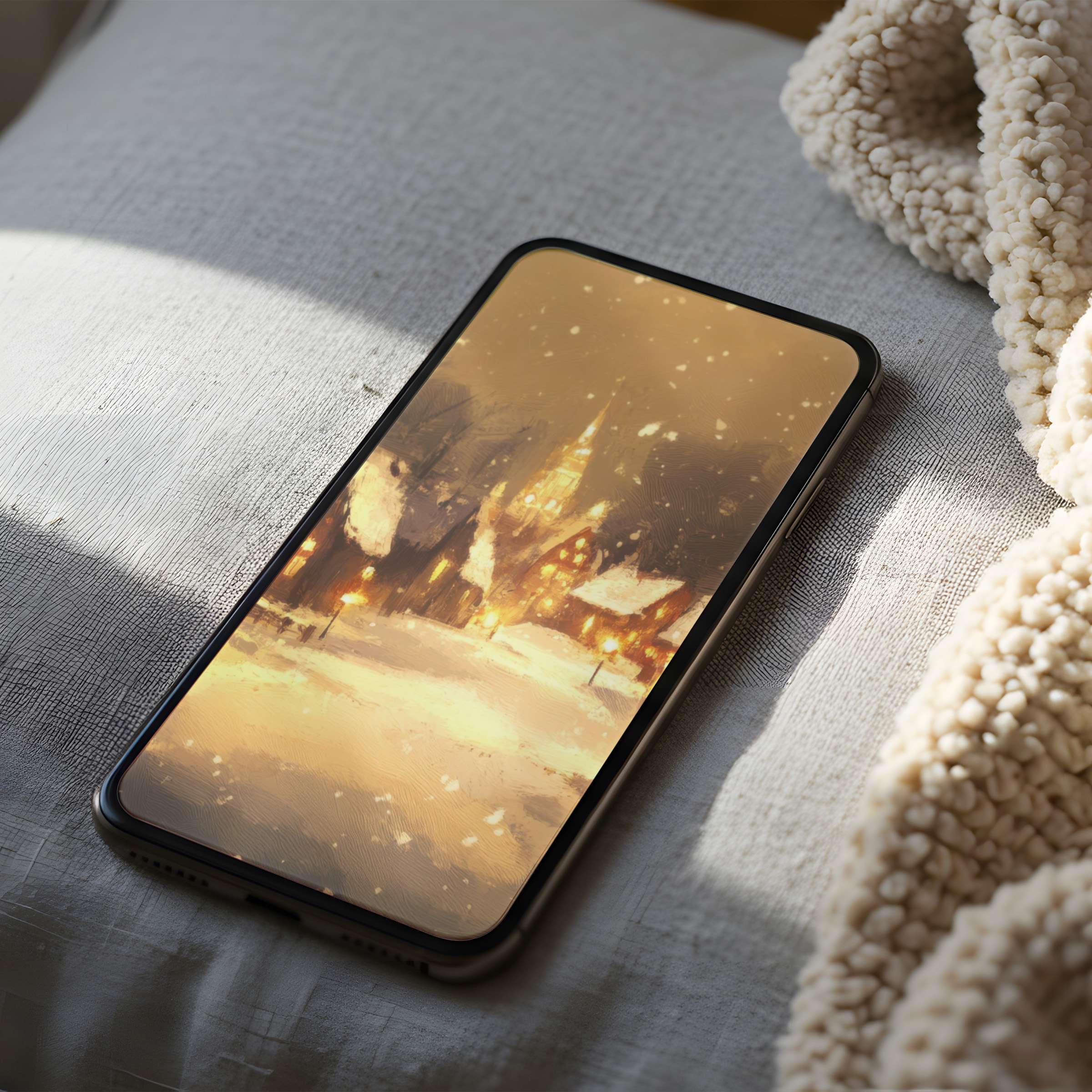 Cozy phone wallpaper featuring a snow-covered village scene, ideal for high-resolution iPhone and android digital download purchases