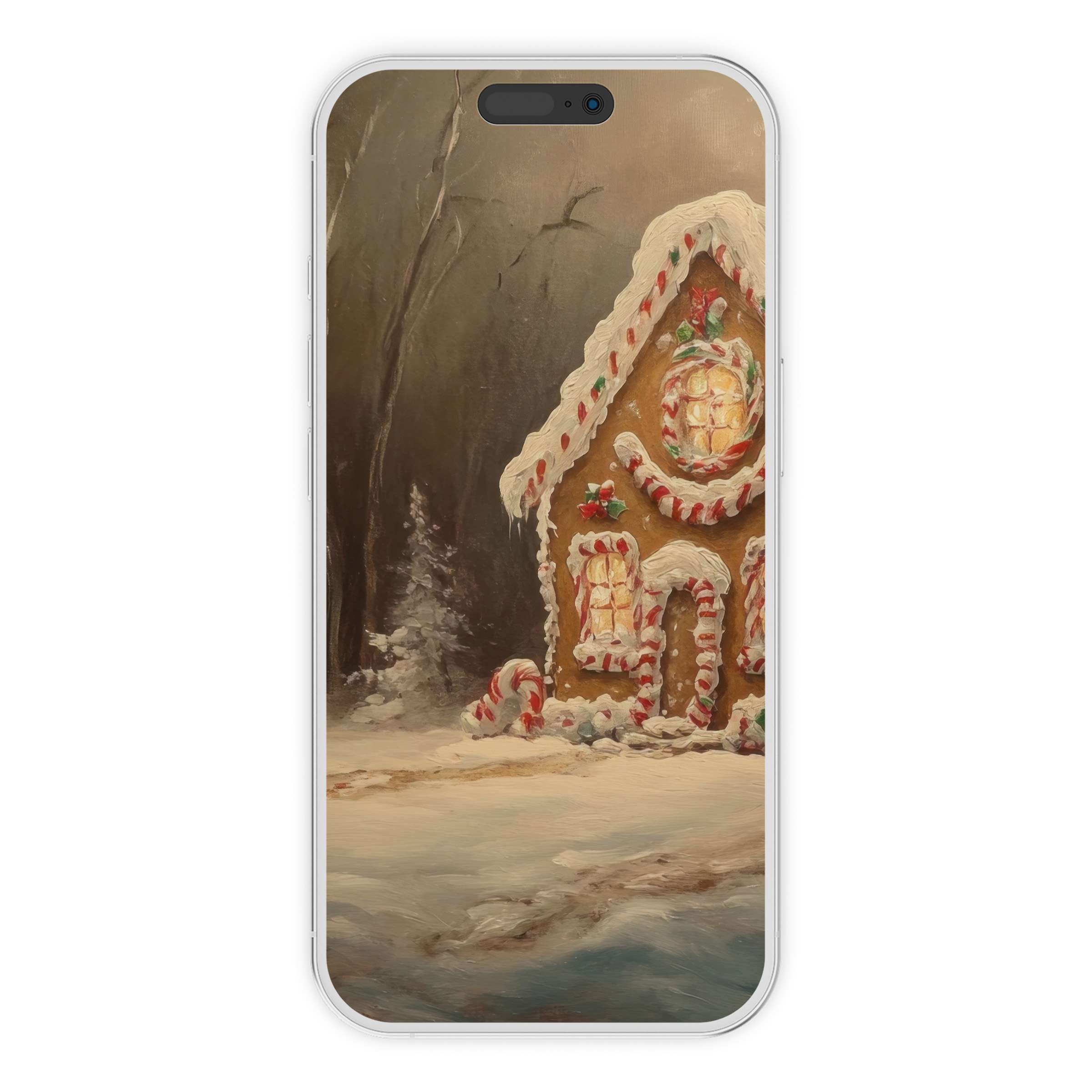 Cozy gingerbread house painting as Christmas iPhone wallpaper for phone background digital download offering warm festive charm