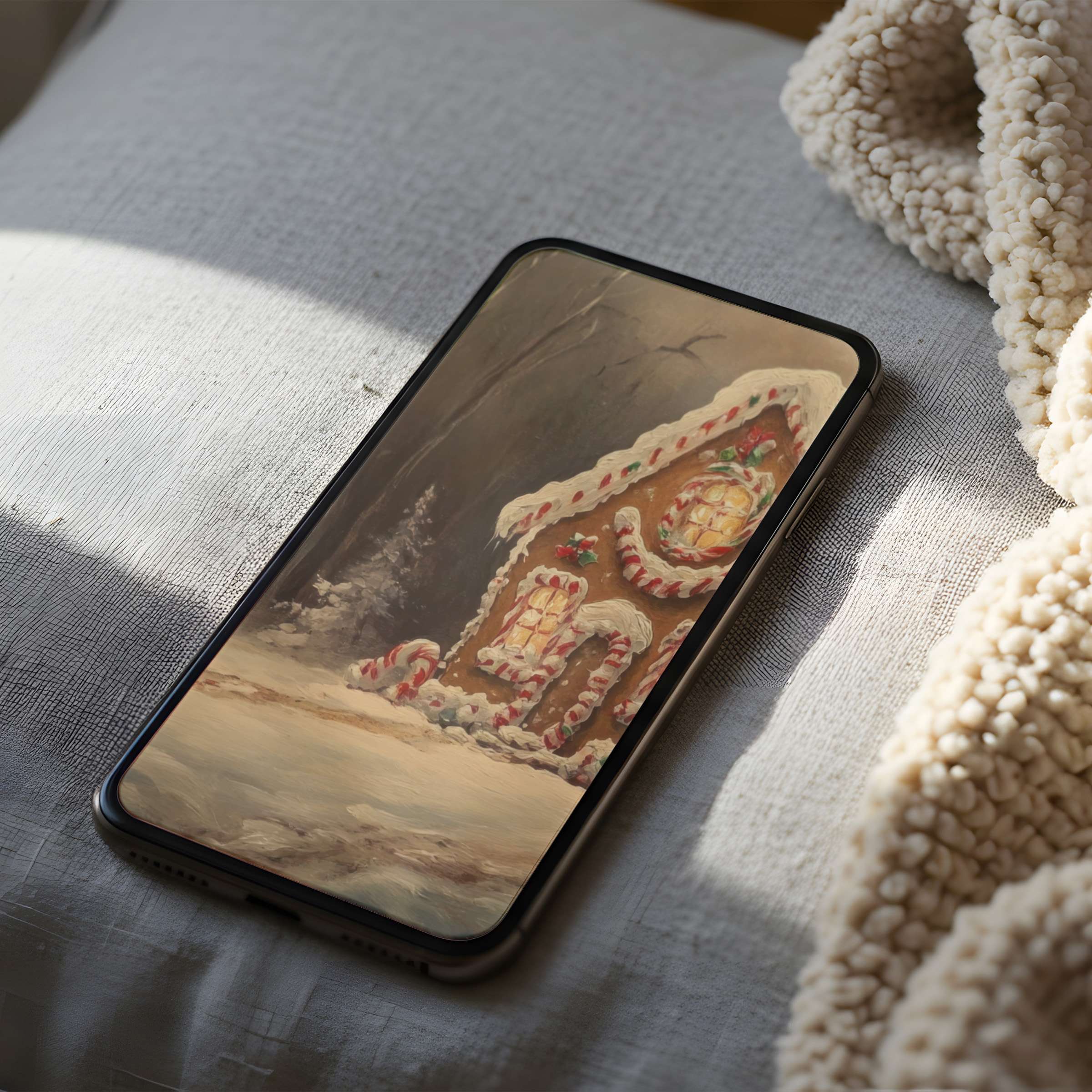 Gingerbread house phone wallpaper with snowy hues and cozy charm, suitable for iPhone and Android digital download in high resolution
