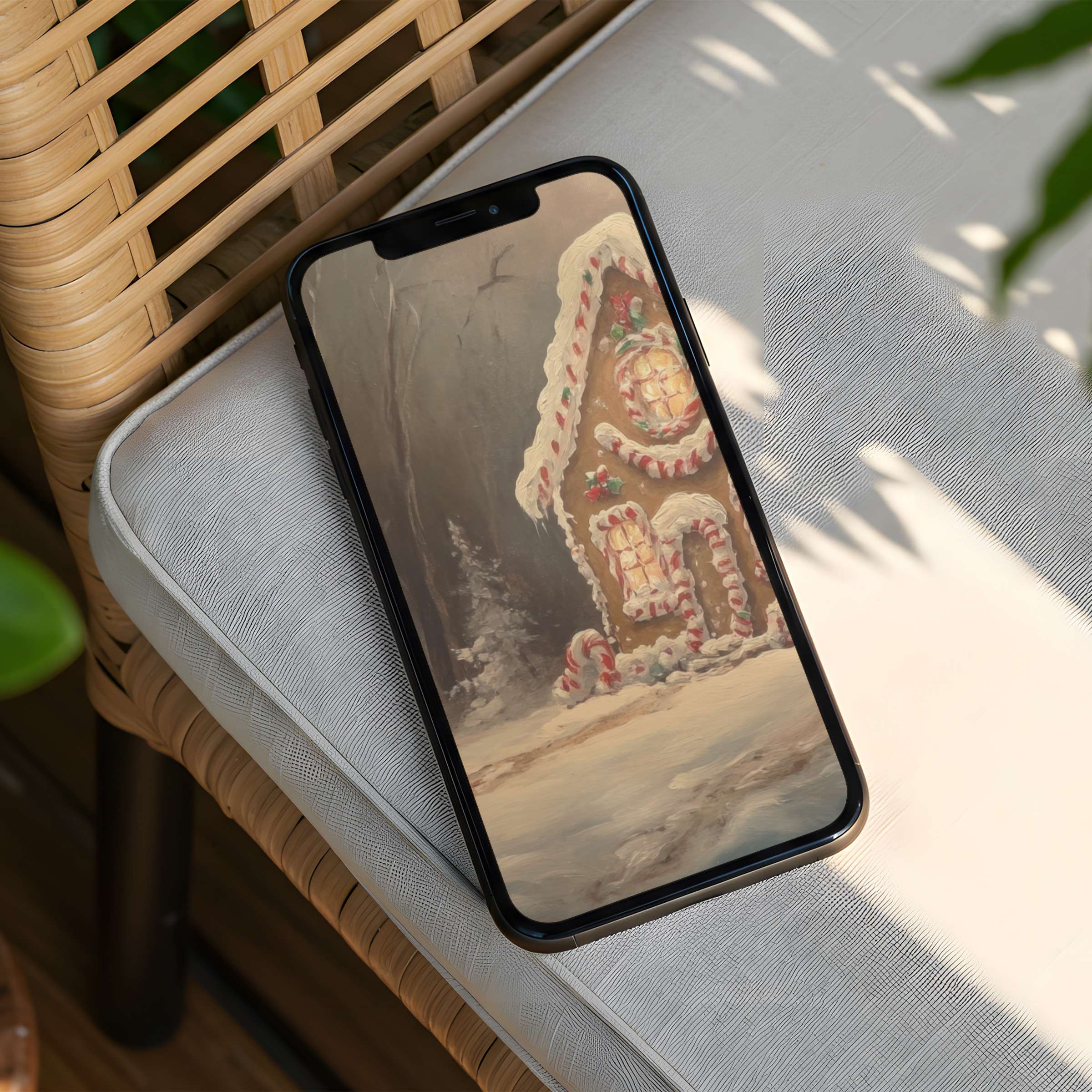 Charming gingerbread house iPhone background evokes winter calm and elegance instant download fits phone screens inspiring tranquility